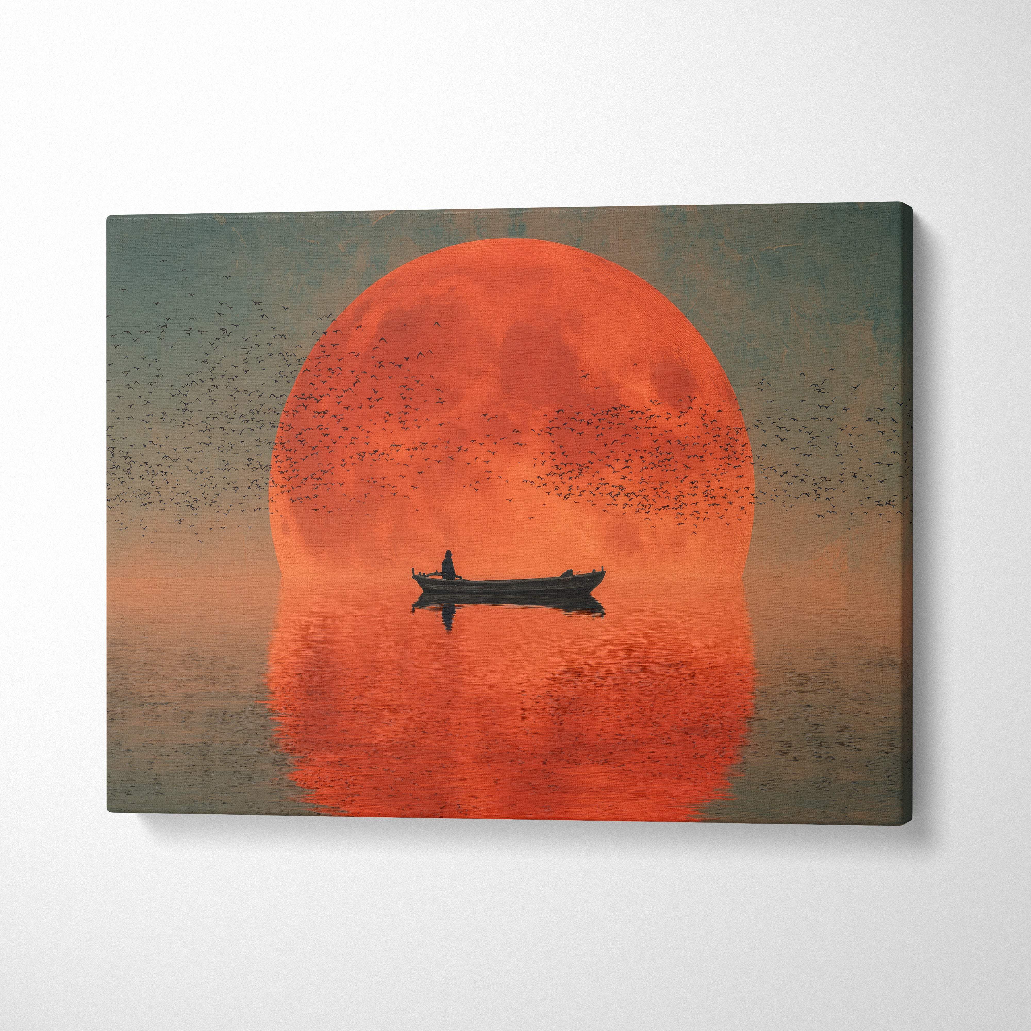 Red moon boat canvas wall art print with orange full moon, lake silhouette, and birds for serene living room decor