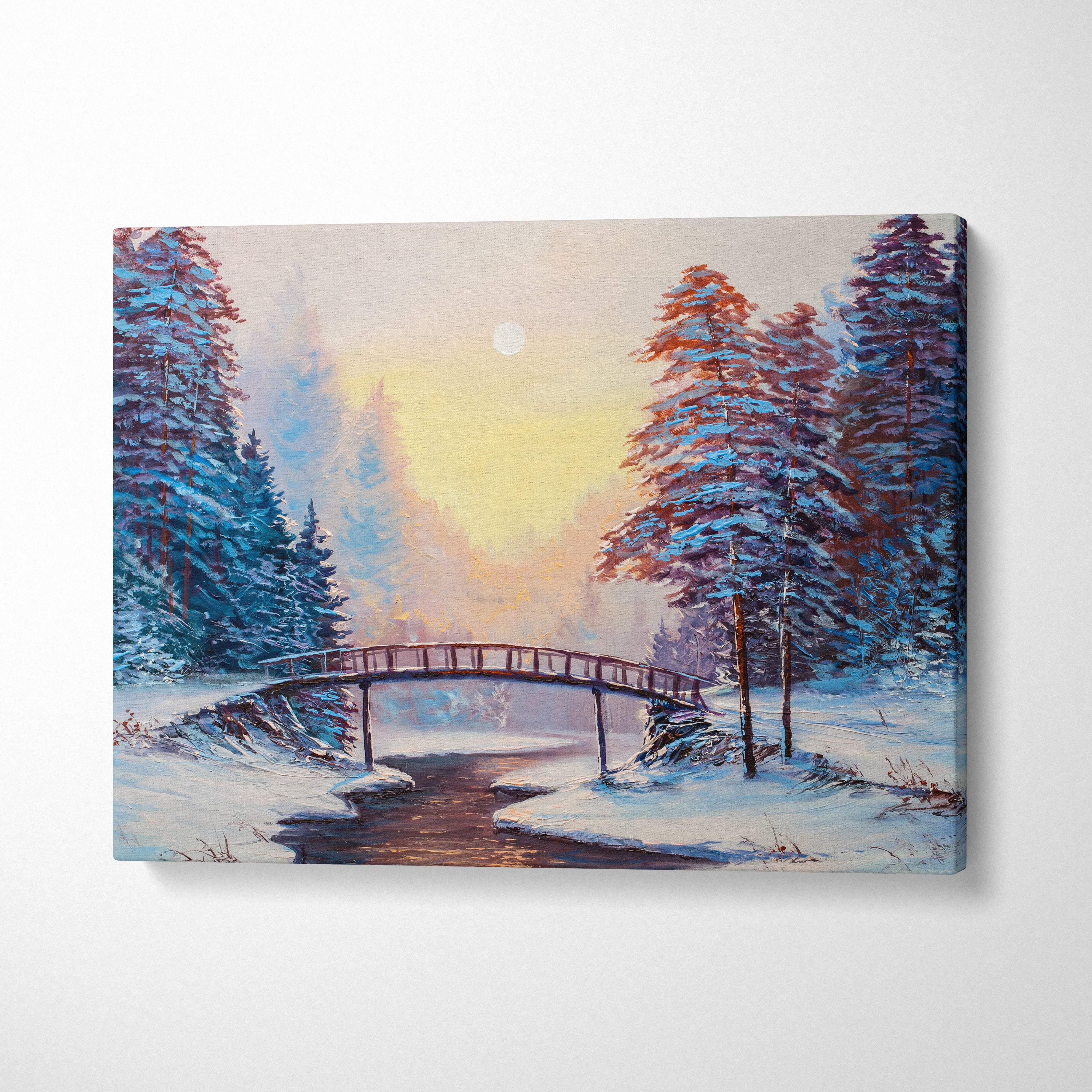 Winter forest bridge painting style wall art showing snow-covered pine trees and a frozen stream in soft pastel hues