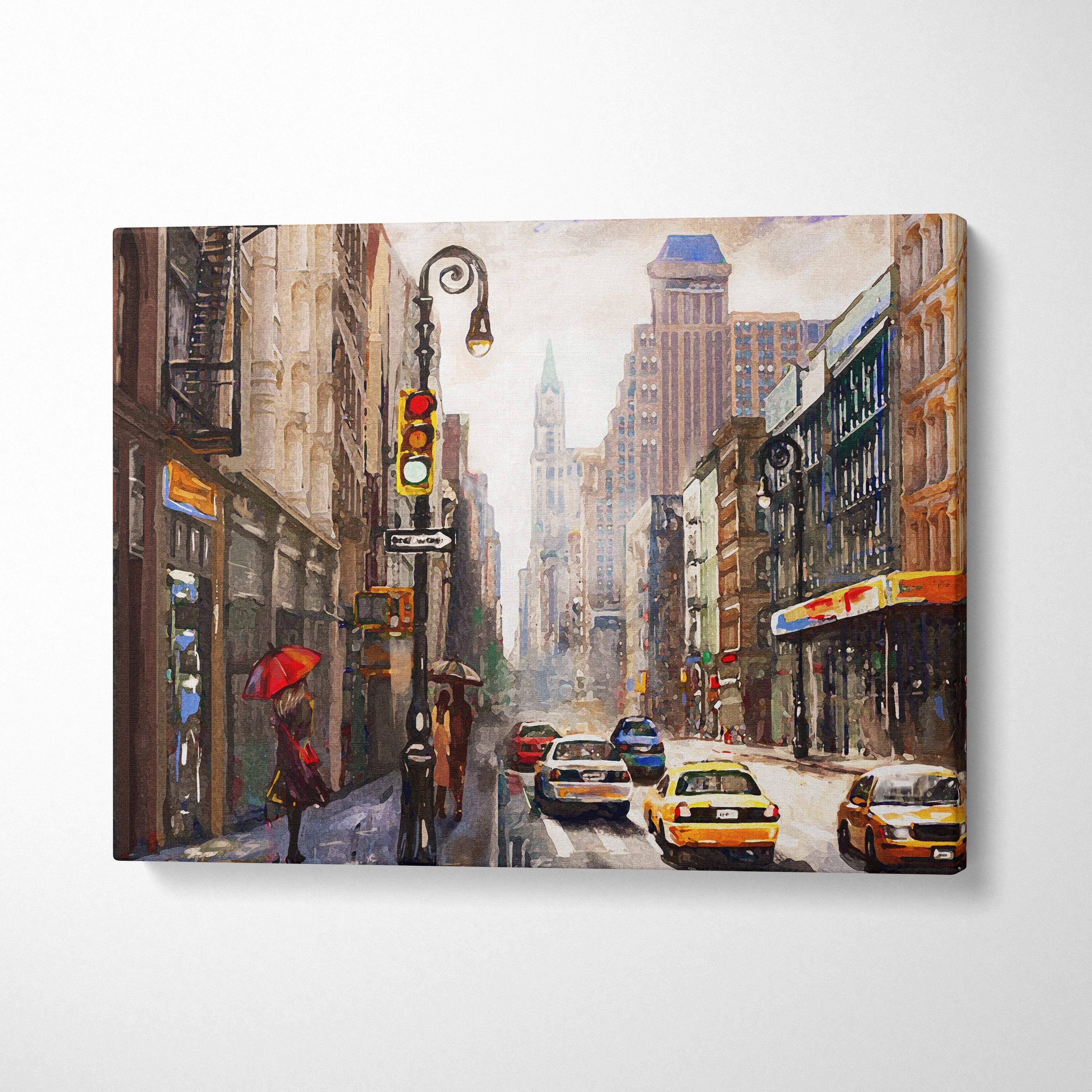 Rainy city street painting style wall art canvas print featuring yellow taxis red umbrella and vintage buildings