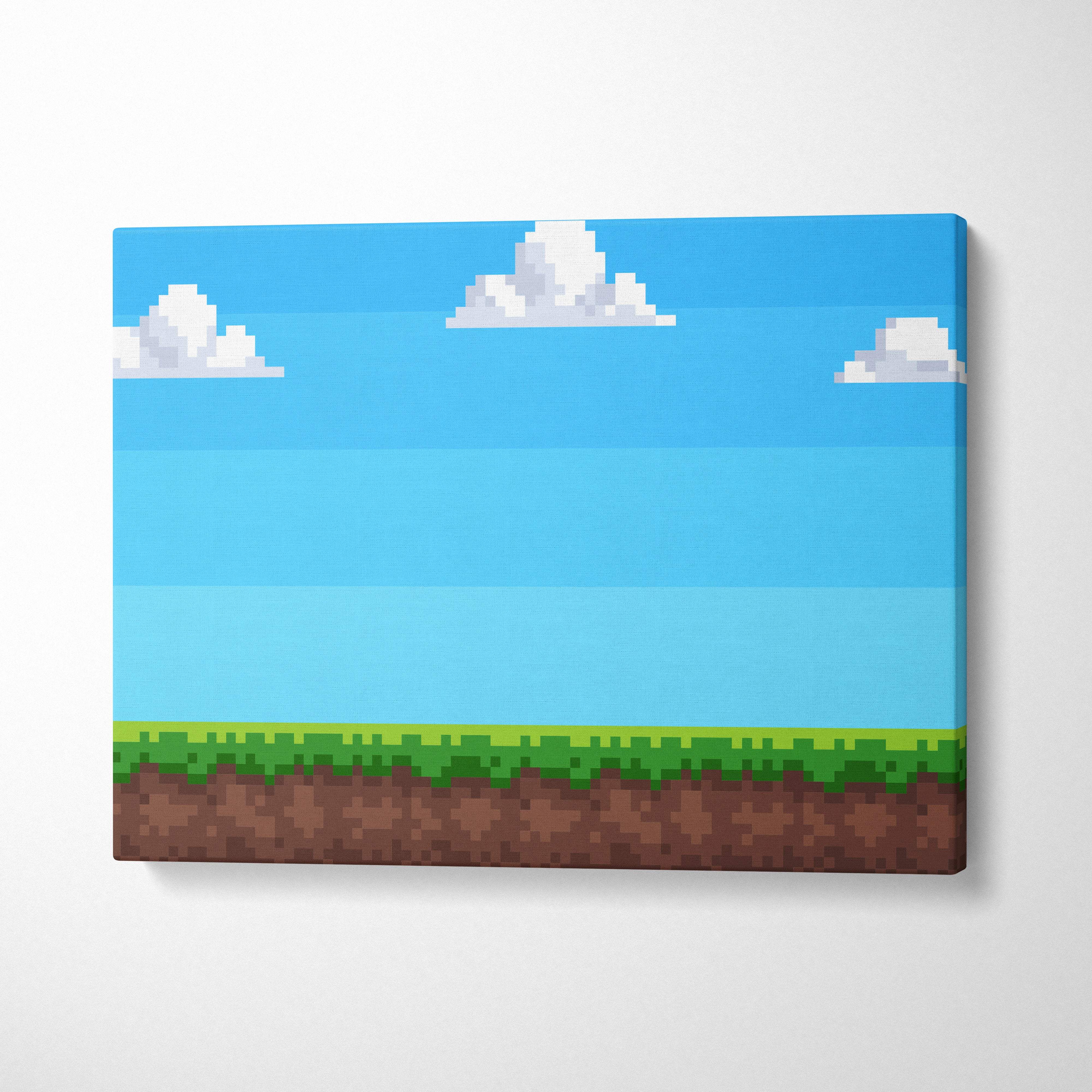 Retro pixel art game background featuring a bright blue sky with white clouds above green grass and brown soil platform
