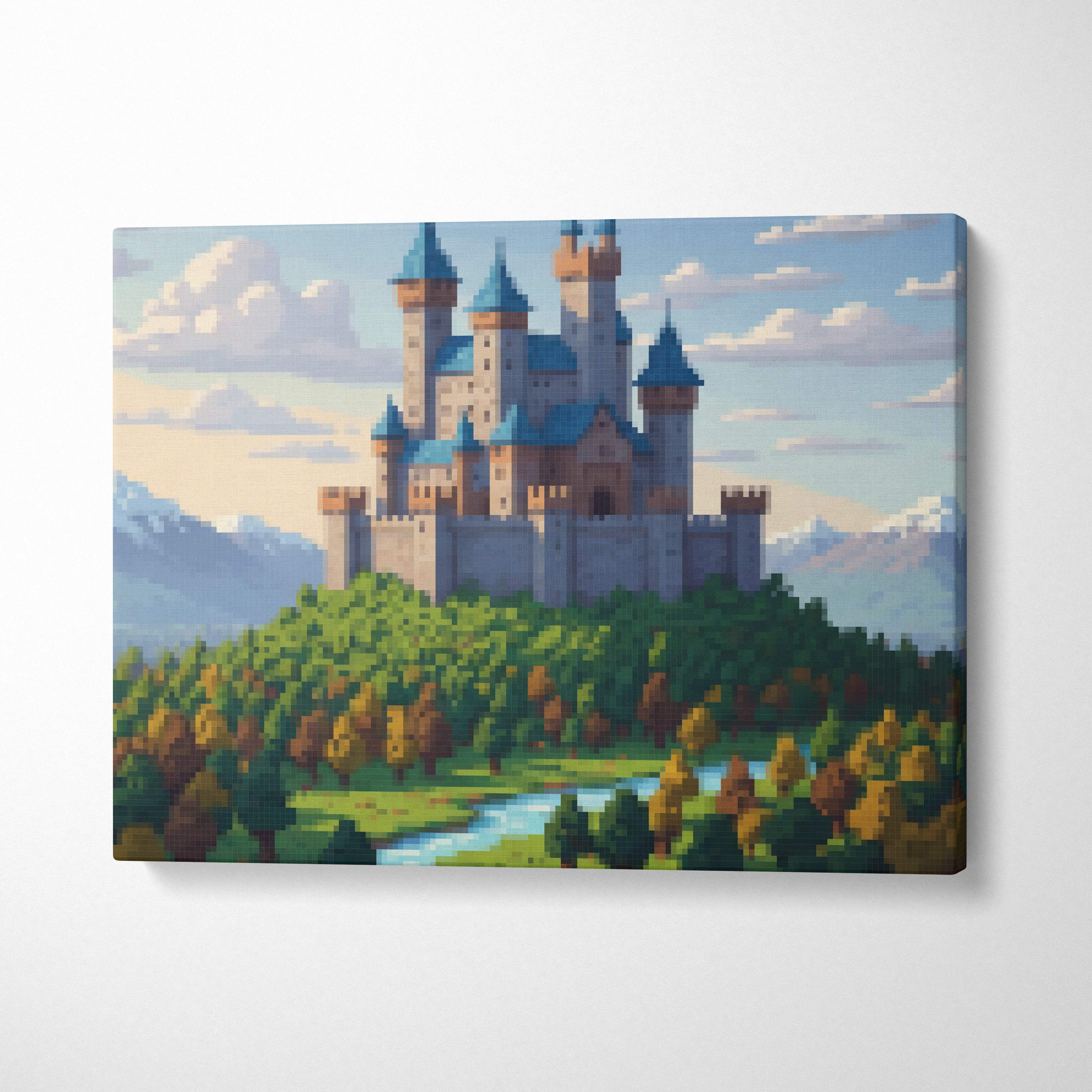 Medieval castle pixel art canvas print featuring blue-topped towers on a green hill with autumn trees and mountains