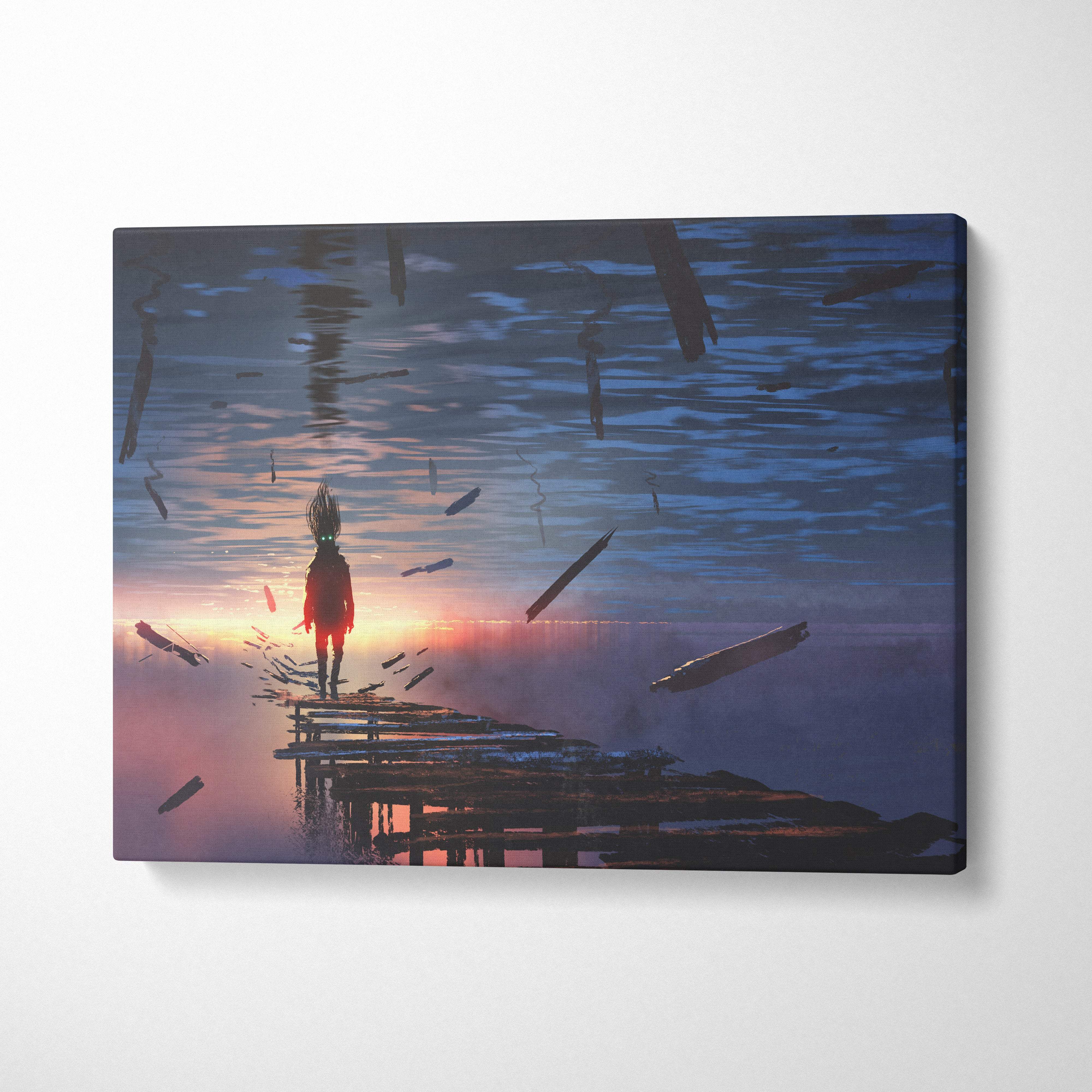 Surreal floating debris canvas wall art showing a lone child silhouette on a decaying pier at sunset with dark blue and orange hues