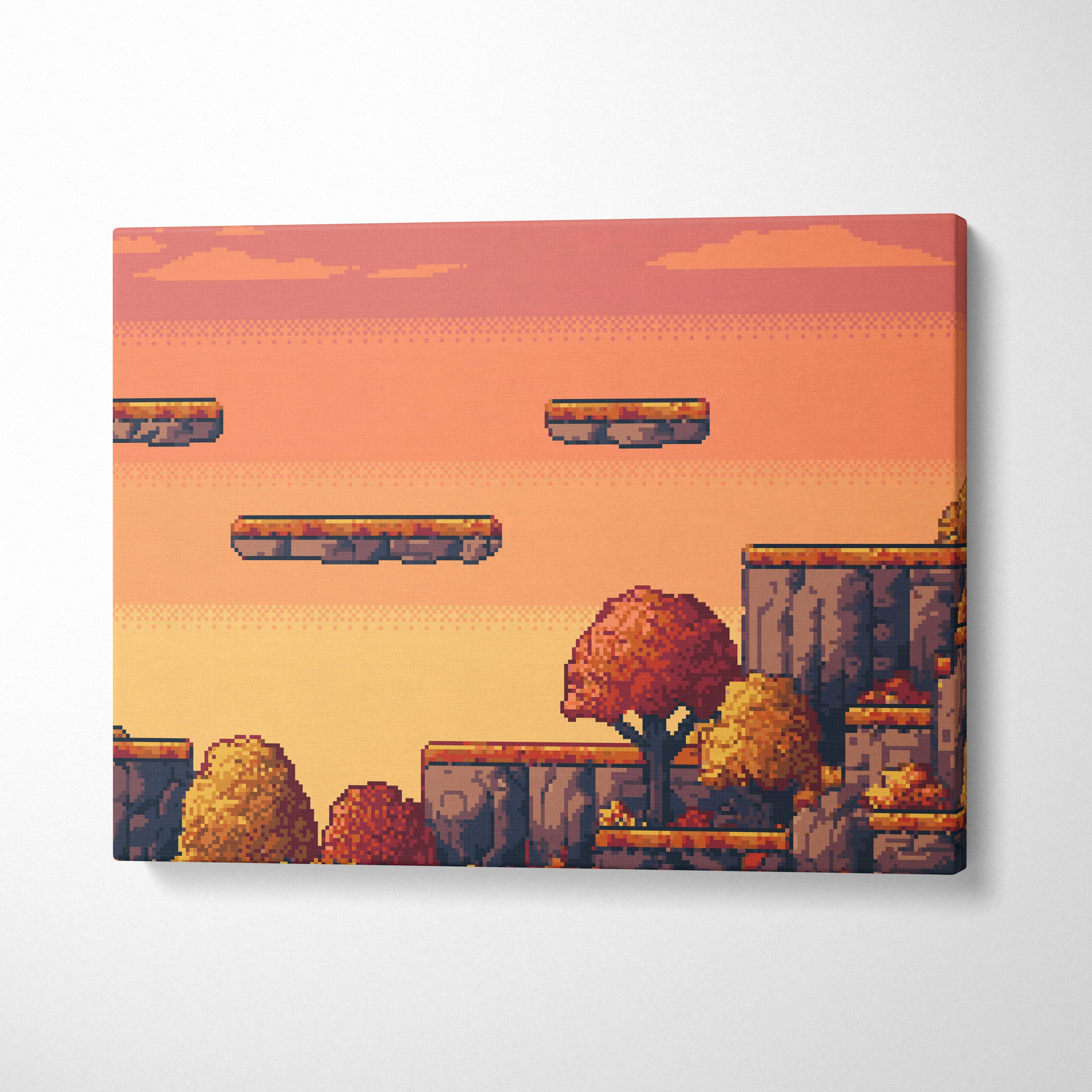 Autumn platformer pixel art canvas print featuring retro orange forest game landscape with floating platforms and stone structures