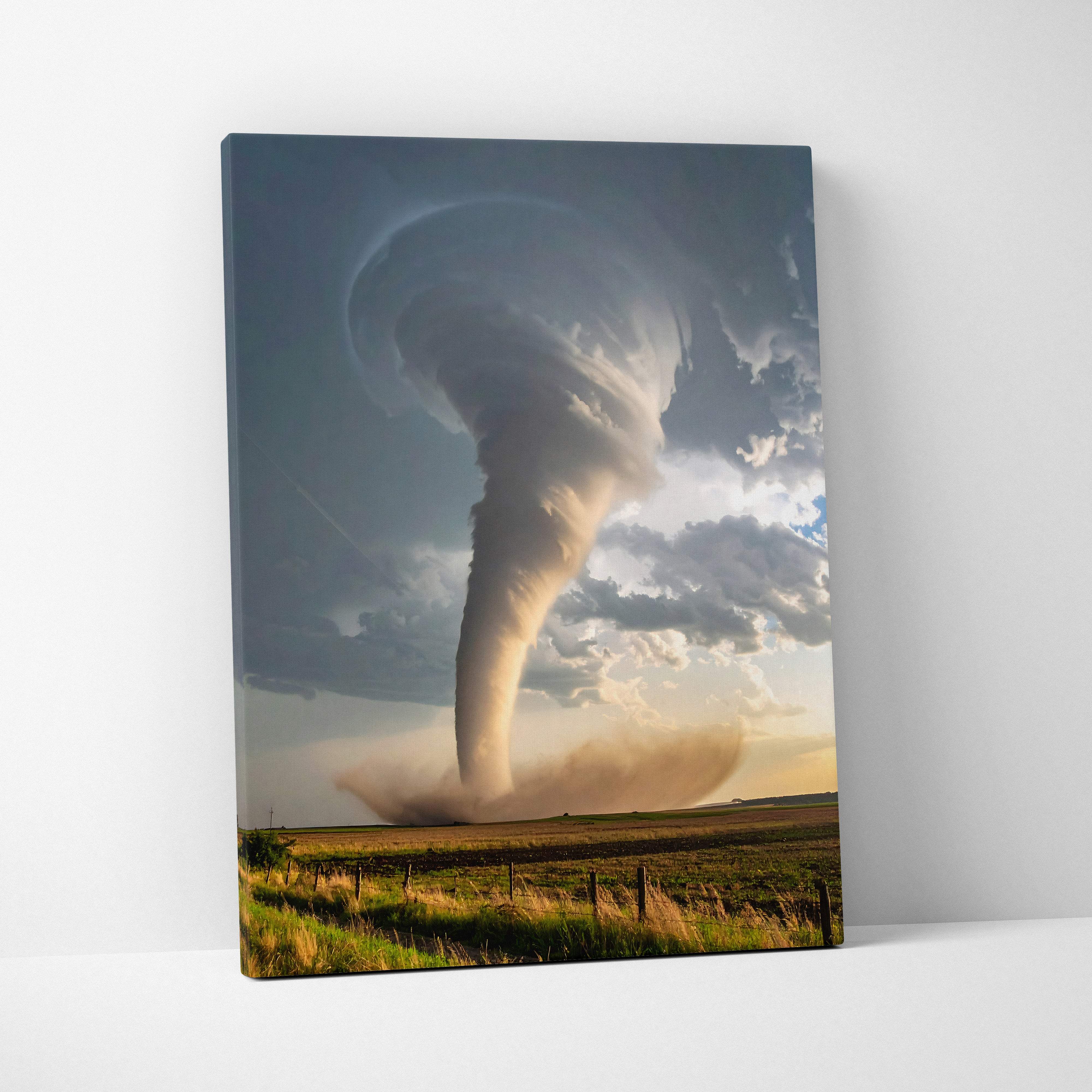Massive supercell tornado canvas art showing a dramatic gray and white tornado over an open field for modern home decor