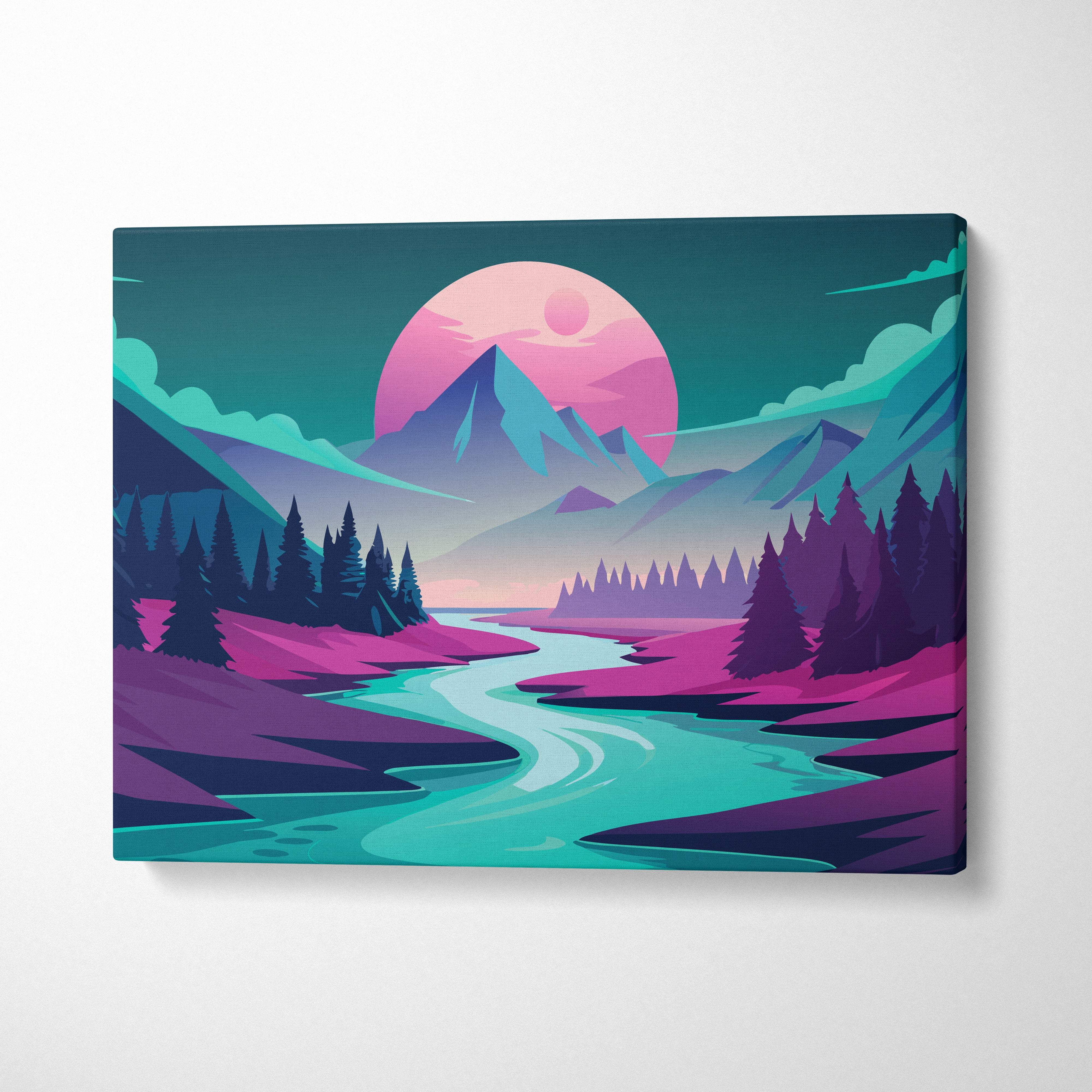 Vaporwave mountain river canvas art print with neon purple teal mountains pine trees and pink sun gradient sky