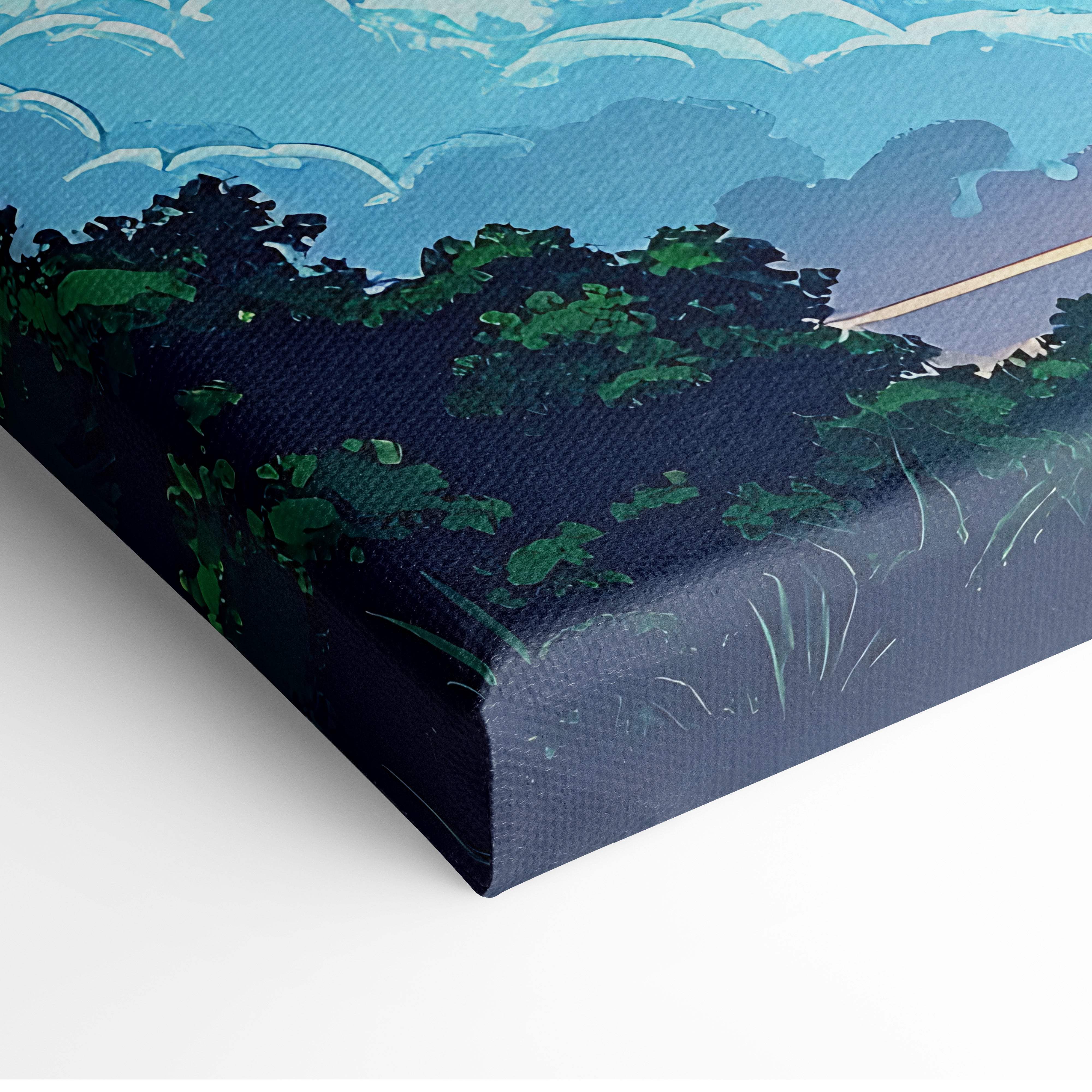 Moody rain cloud canvas art featuring stylized navy blue and green foliage against a textured blue sky wall decor print