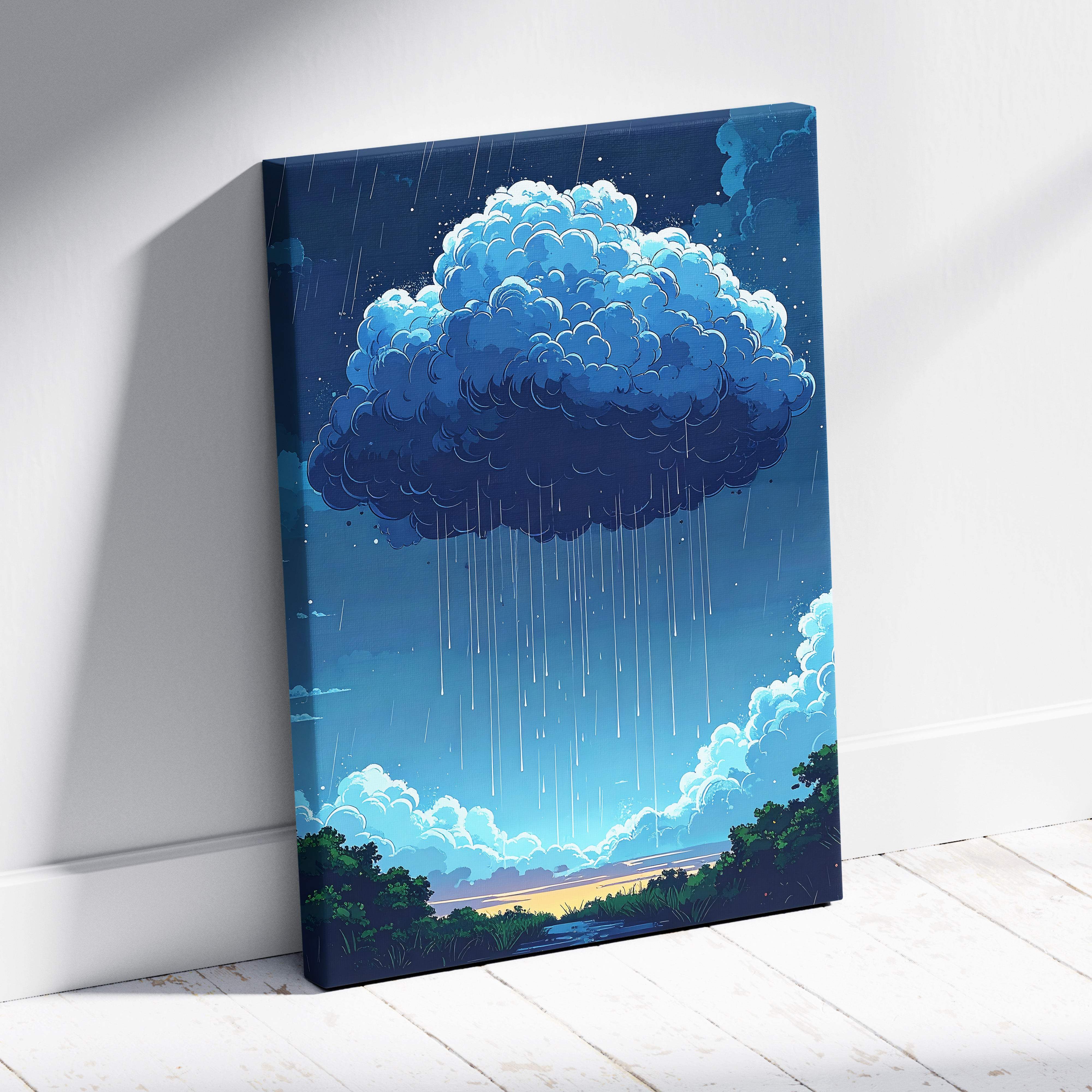 A vibrant blue moody rain cloud canvas art featuring a stylized fluffy cloud over green trees and hills at twilight