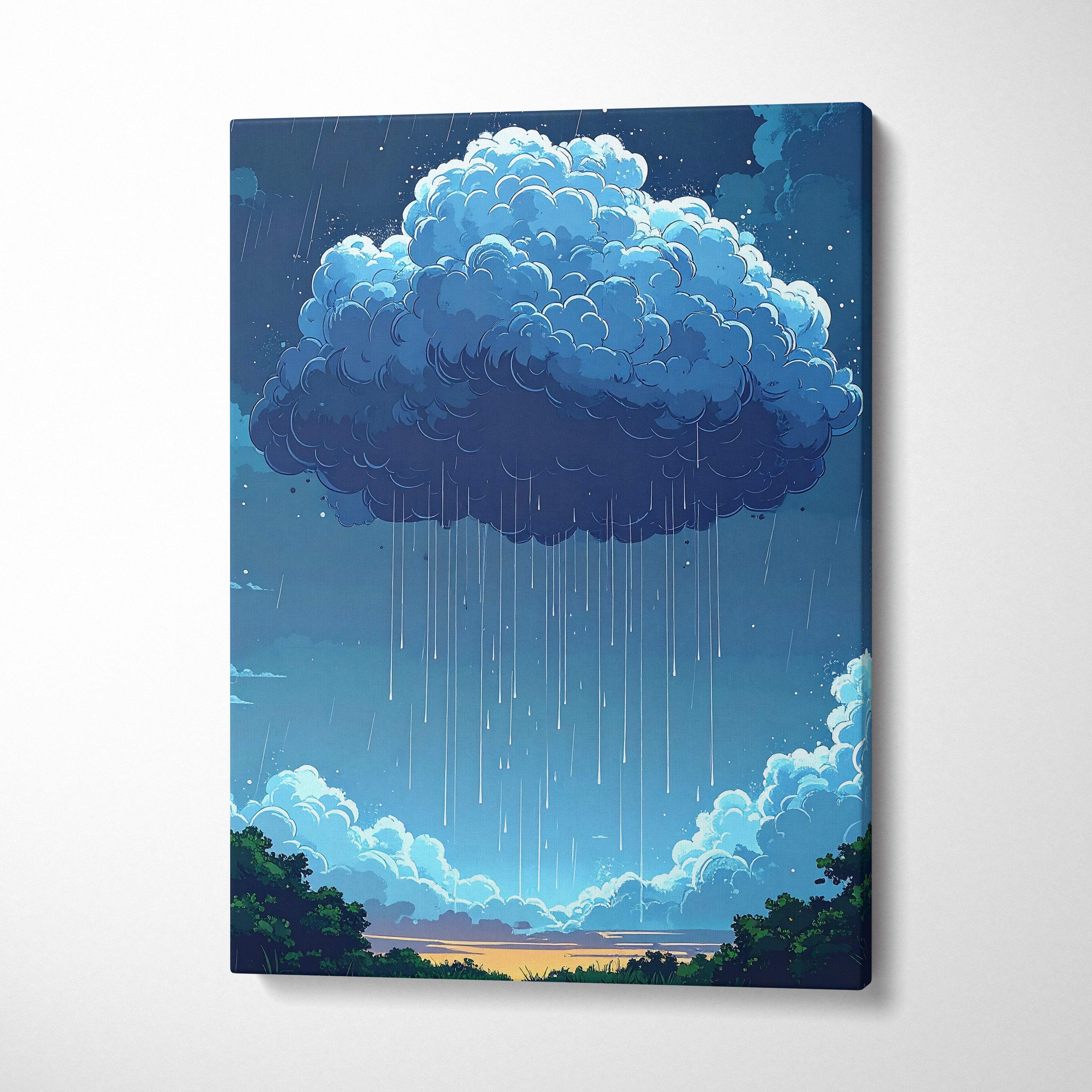 Moody rain cloud canvas art featuring a vibrant blue print with fluffy cloud raining over serene landscape and orange horizon