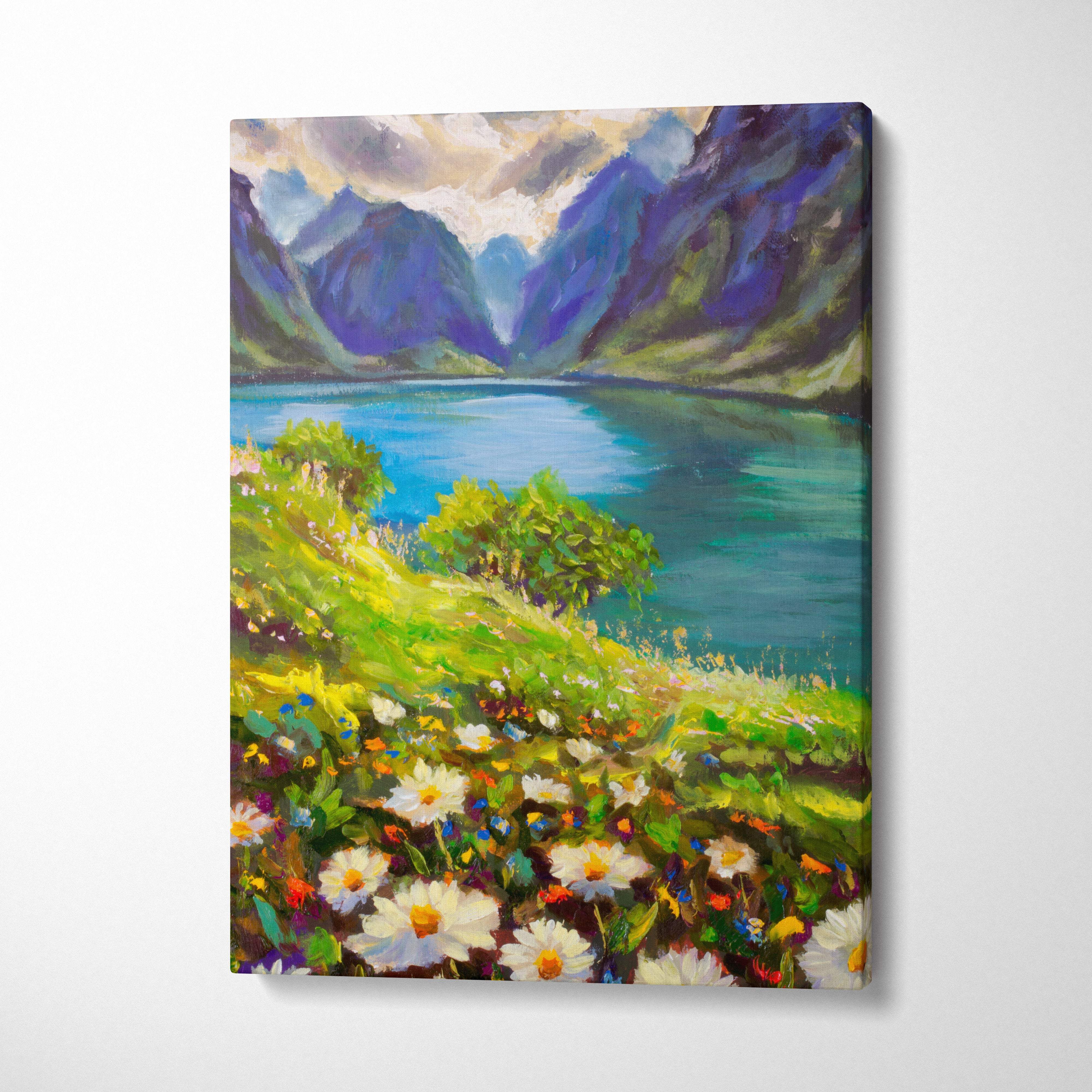 Vibrant impressionist canvas print of a mountain lake with blue water green hills white daisies and purple mountains