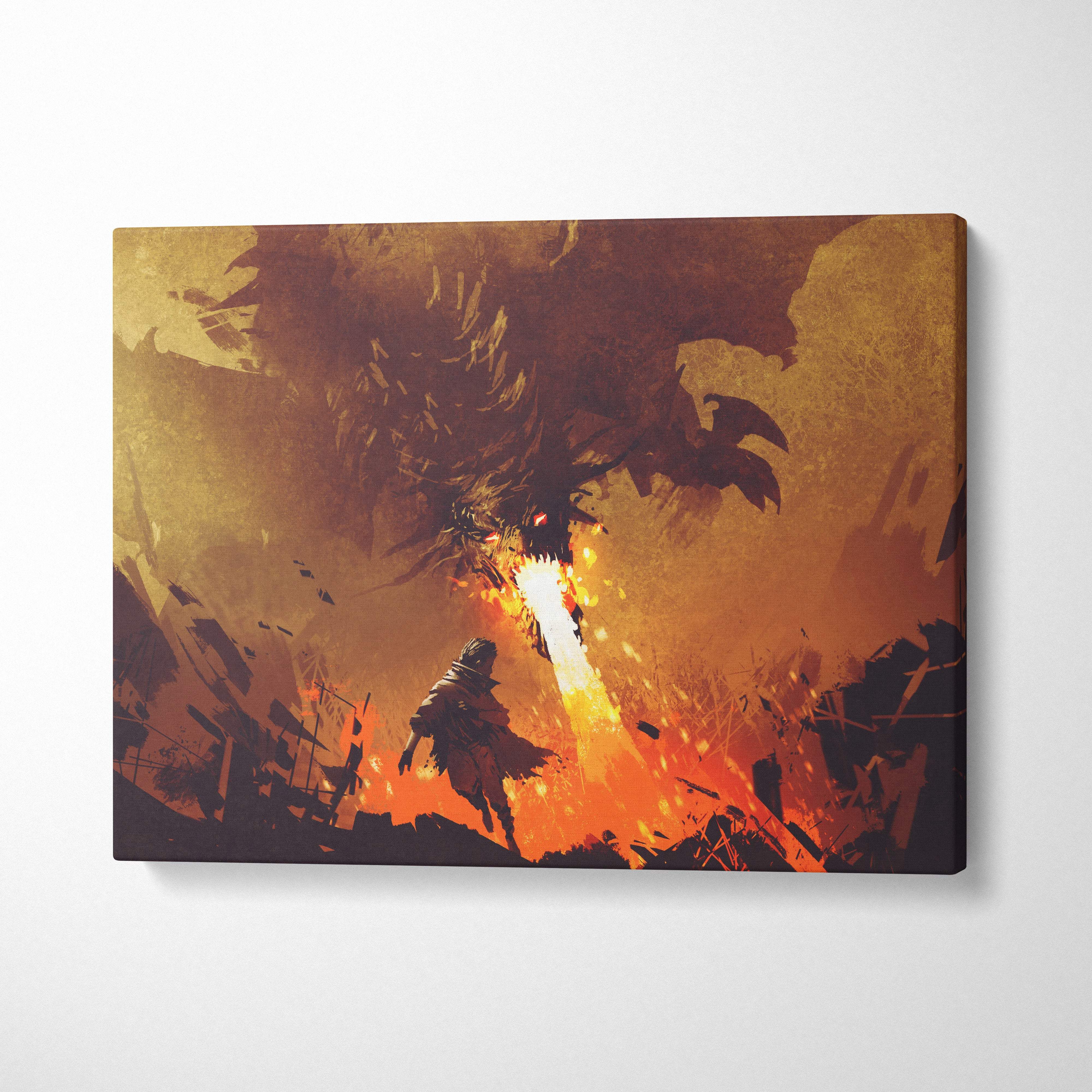 Canvas print of an epic dragon fire fantasy scene with an armored warrior silhouette and fiery orange gold flames