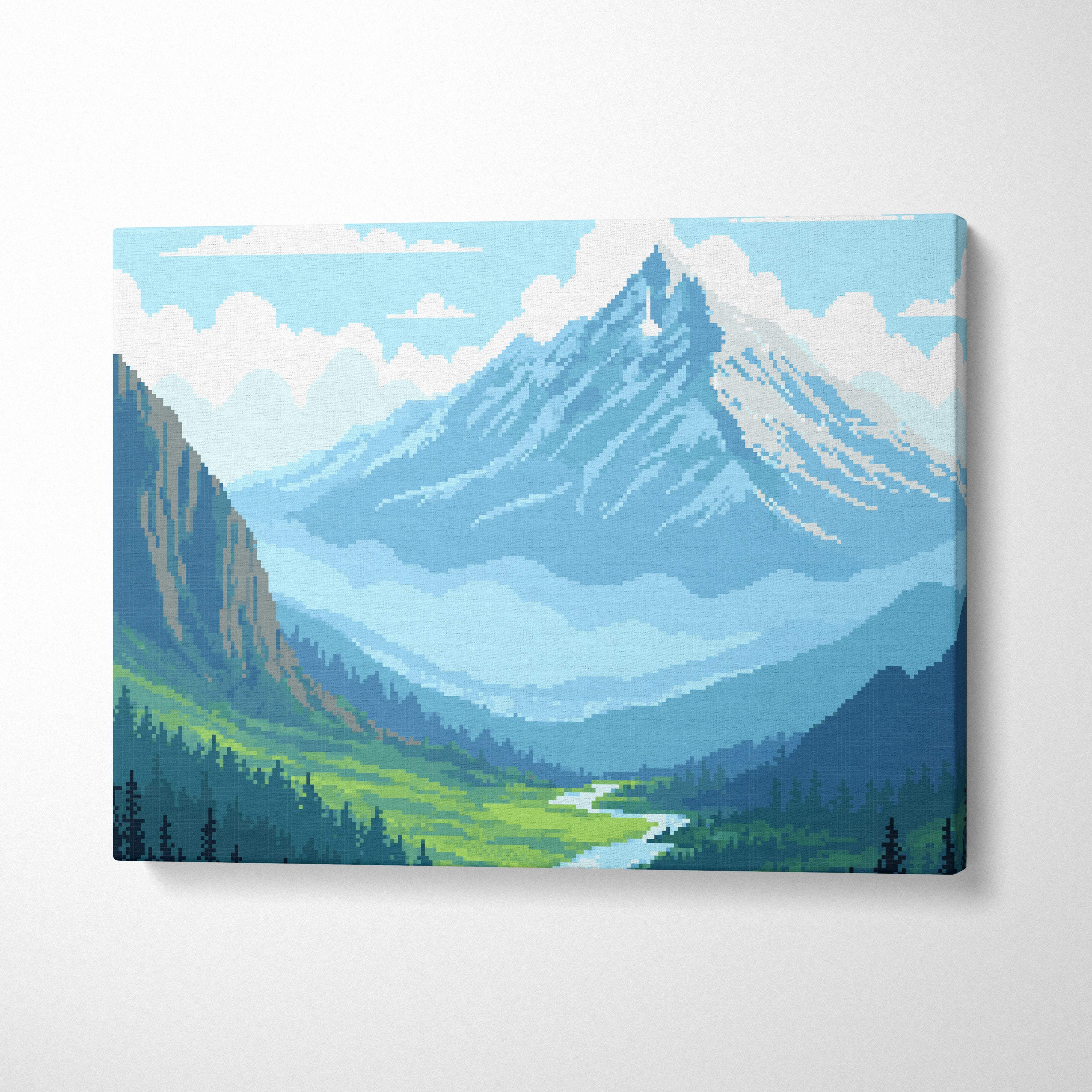 Mountain valley pixel art canvas print featuring a vibrant blue green alpine landscape with a snow-capped peak and river
