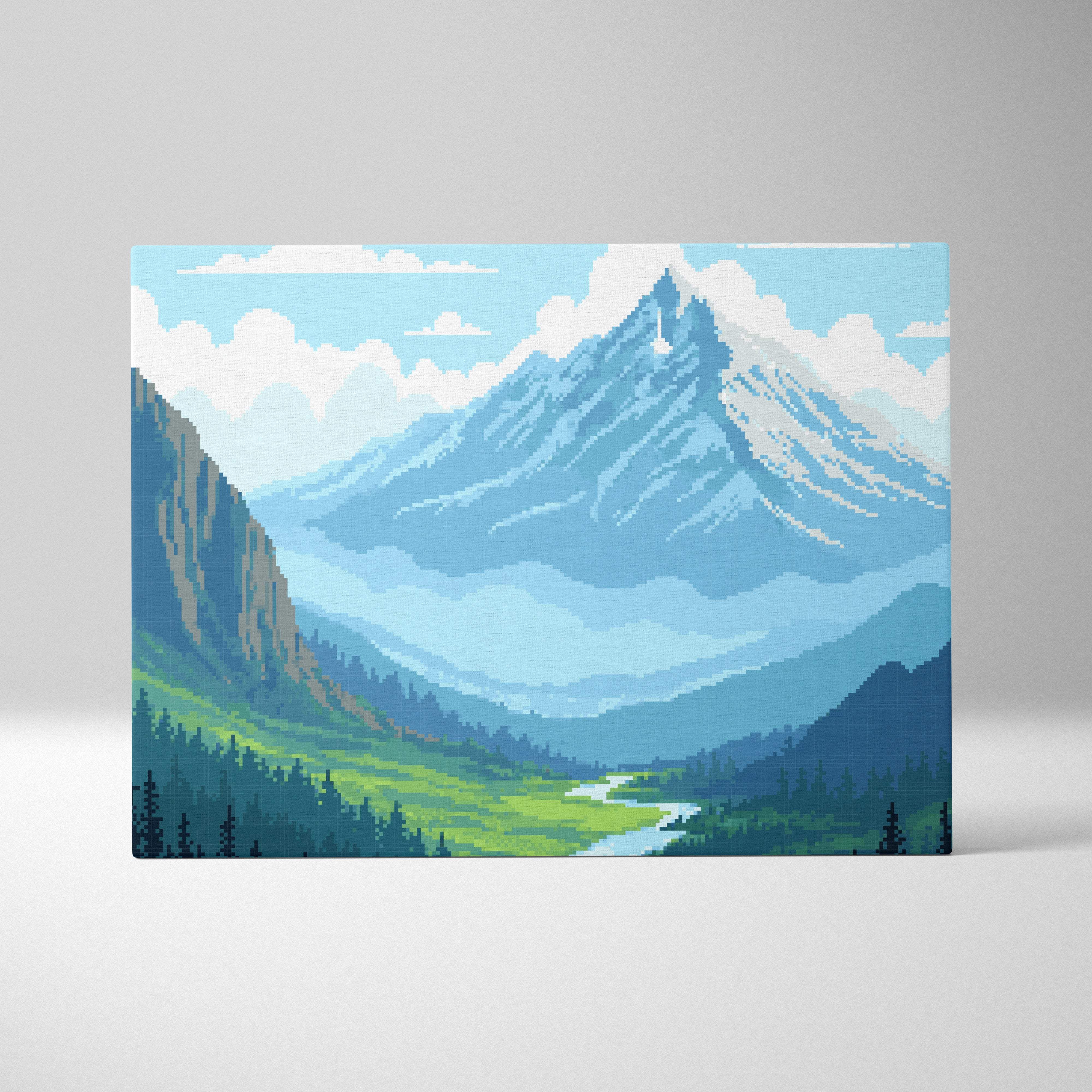 Mountain valley pixel art canvas print featuring a blue green alpine scene with snow-capped peaks and a winding river