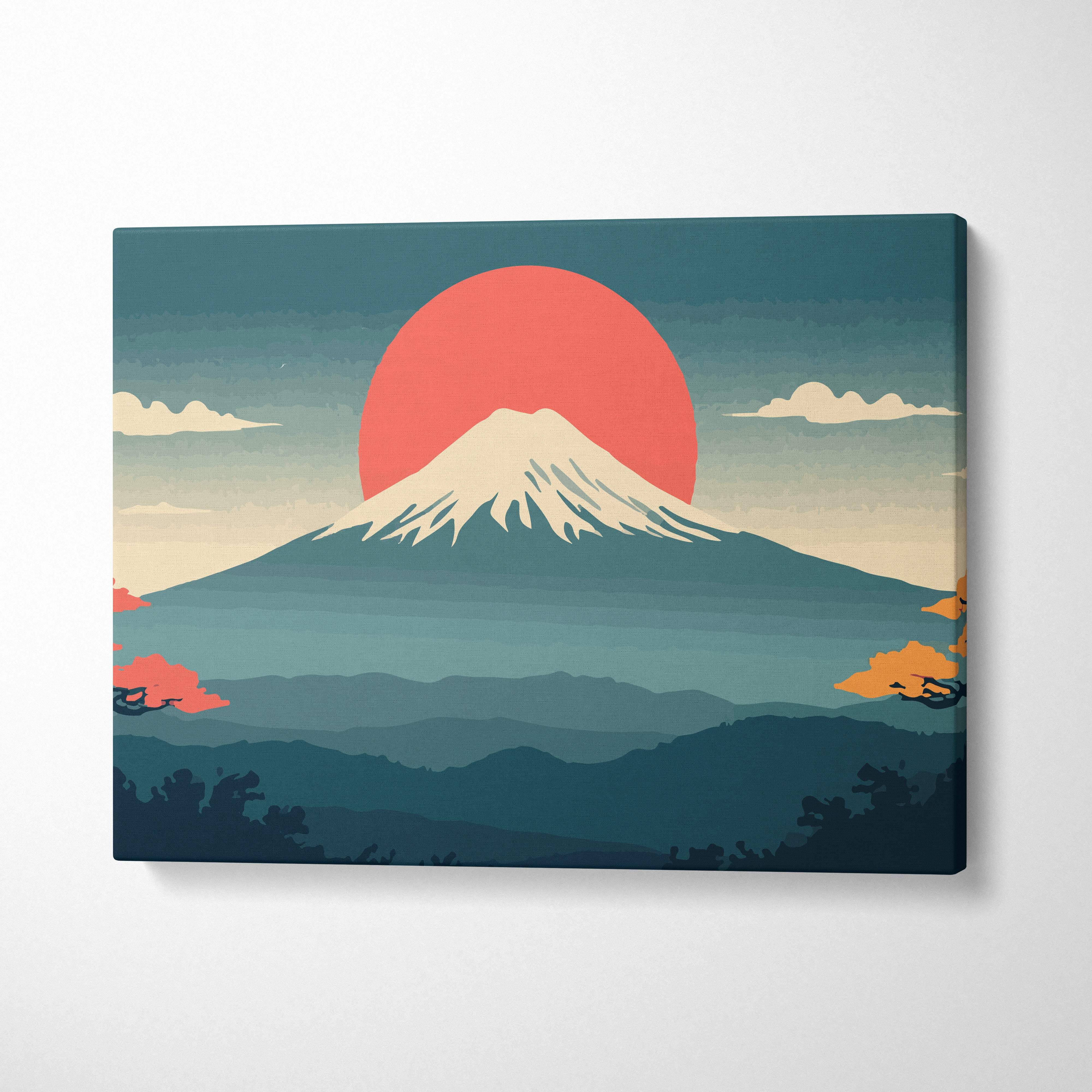Stylized canvas print of mount fuji with vibrant orange sun and layered teal blue mountains for living room wall art