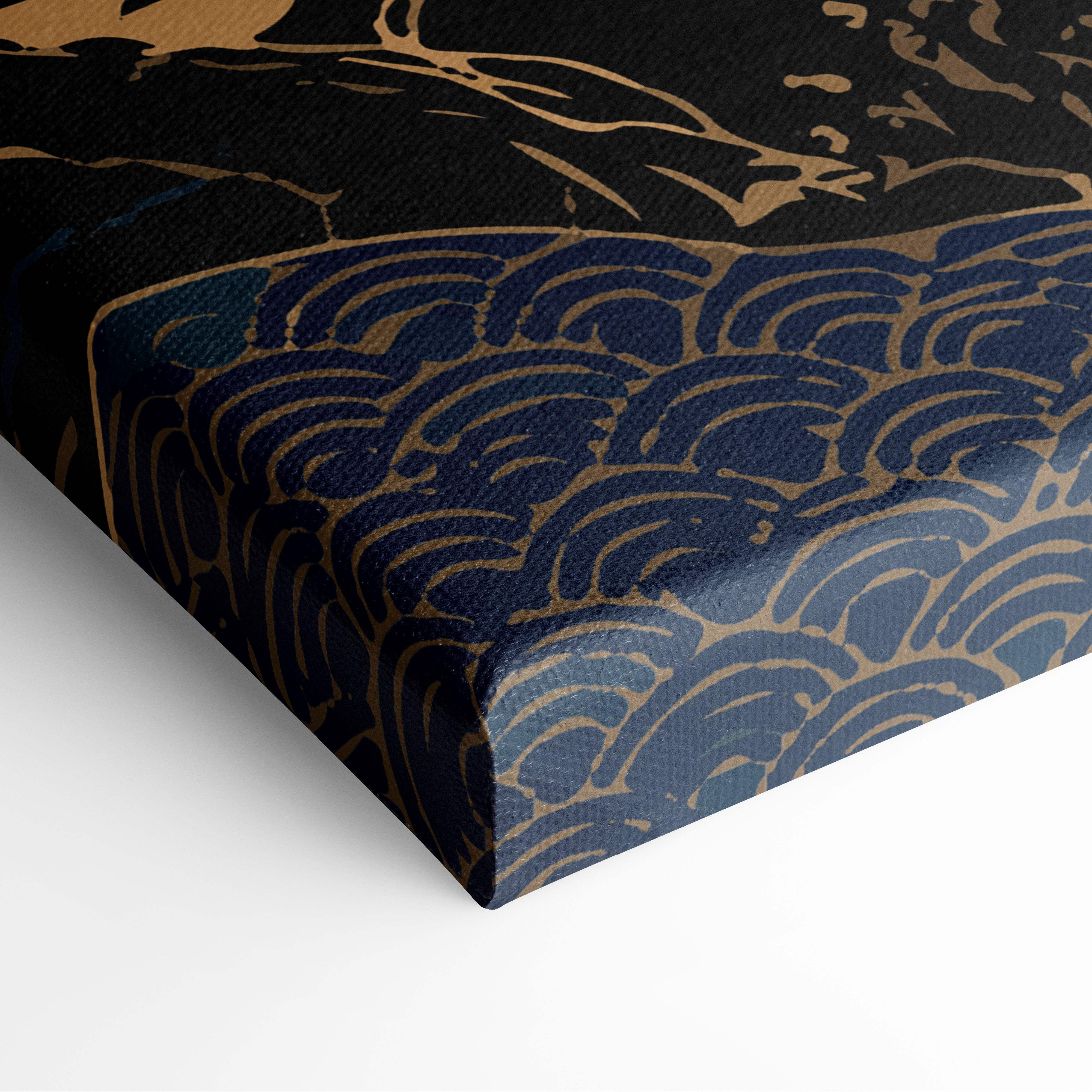 Mount fuji crane canvas wall art with navy blue and gold wave pattern on textured canvas for elegant home decor