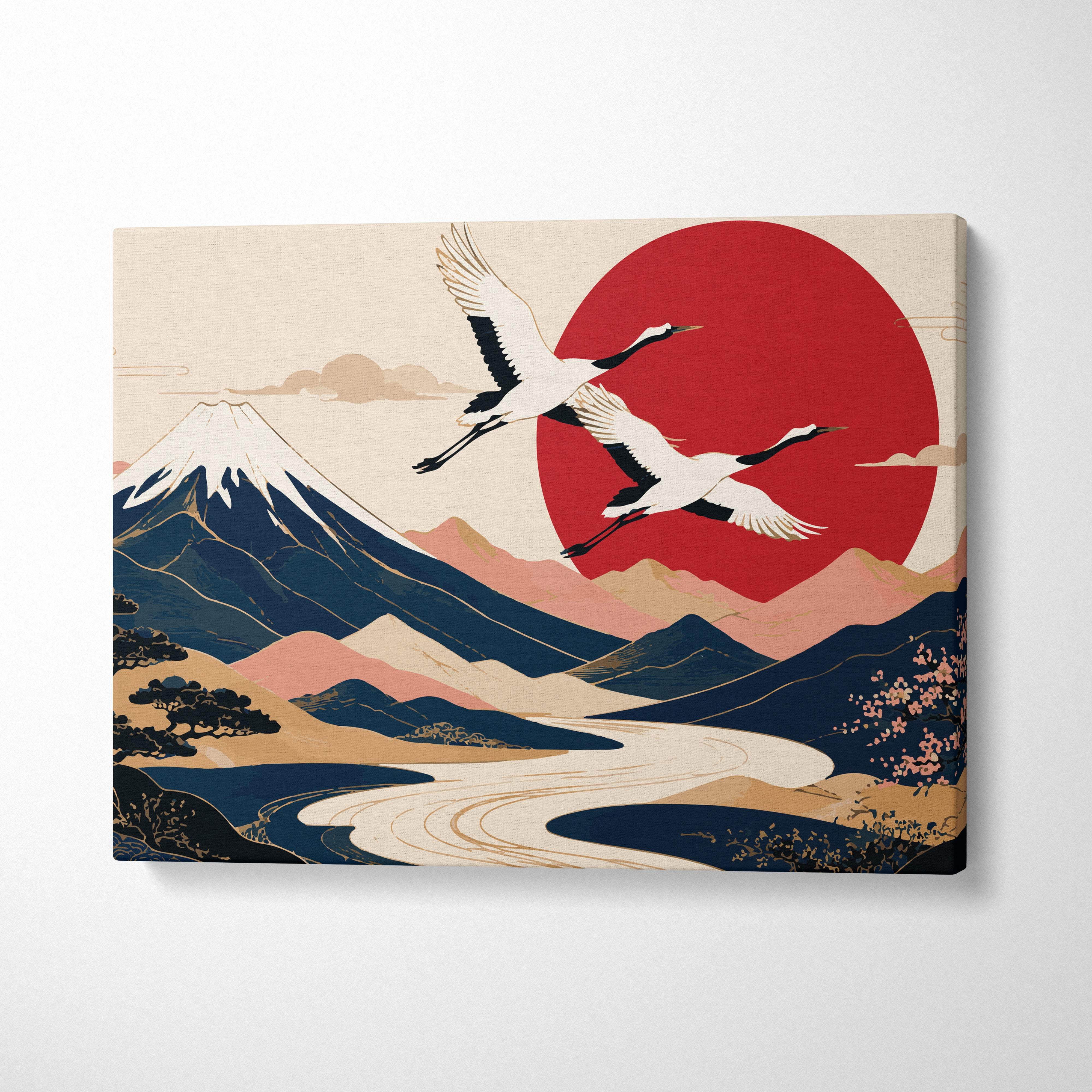 Rectangular navy red canvas print of mount fuji crane wall art with white cranes and vibrant sun over mountains and rivers