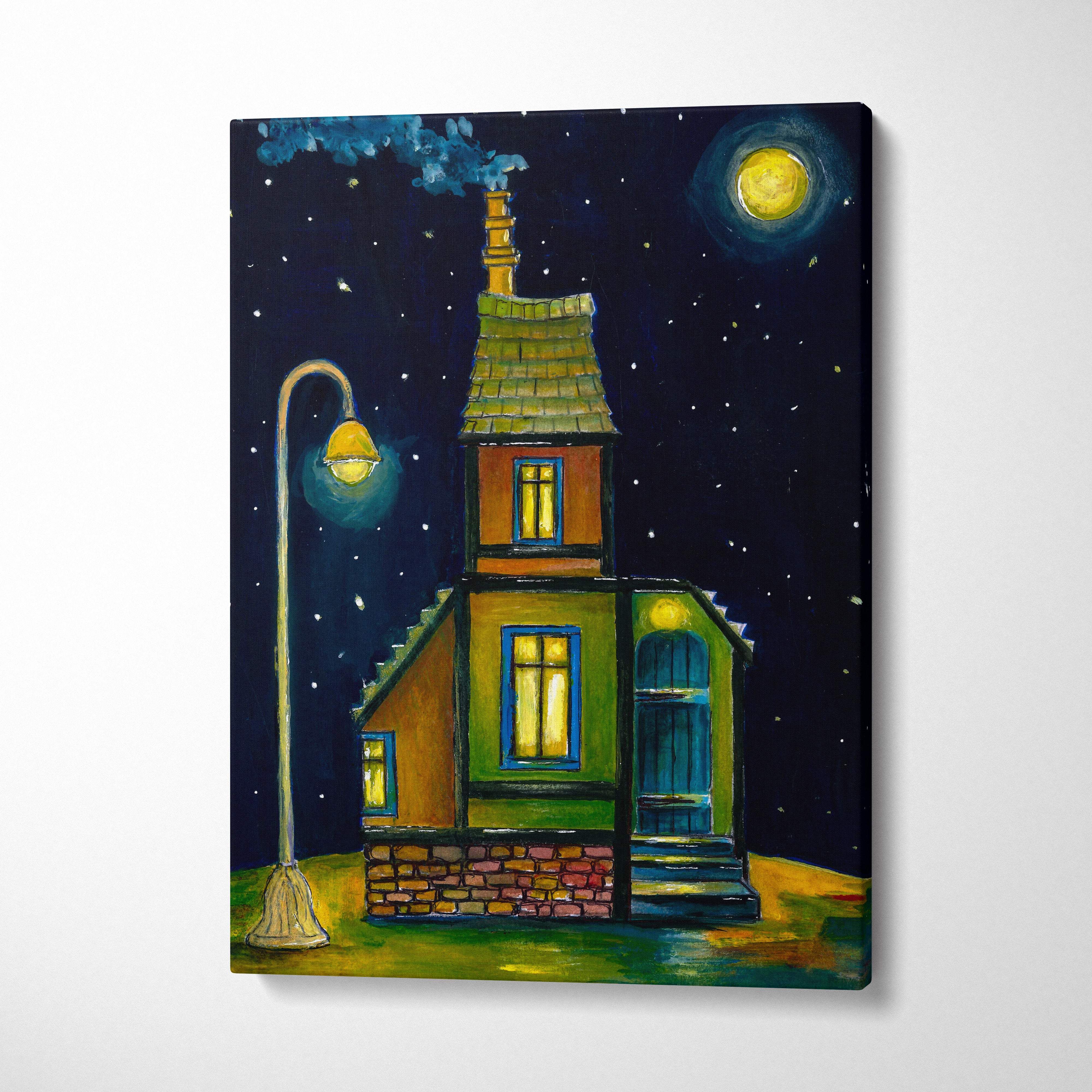 Whimsical night house canvas print featuring a green and orange cottage with glowing blue windows under a full moon