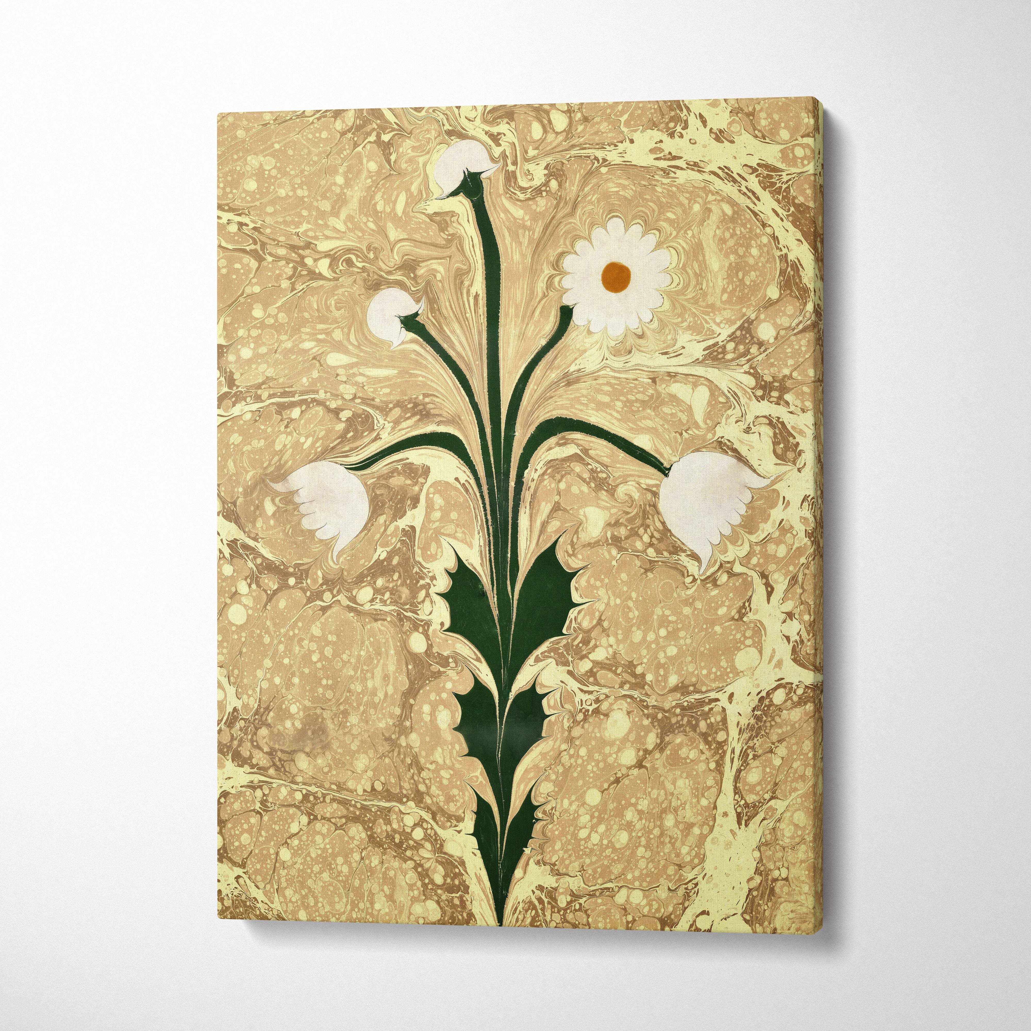 Marbled daisy canvas print with white blossoms and dark green stems on ornate gold marbled background beige botanical art