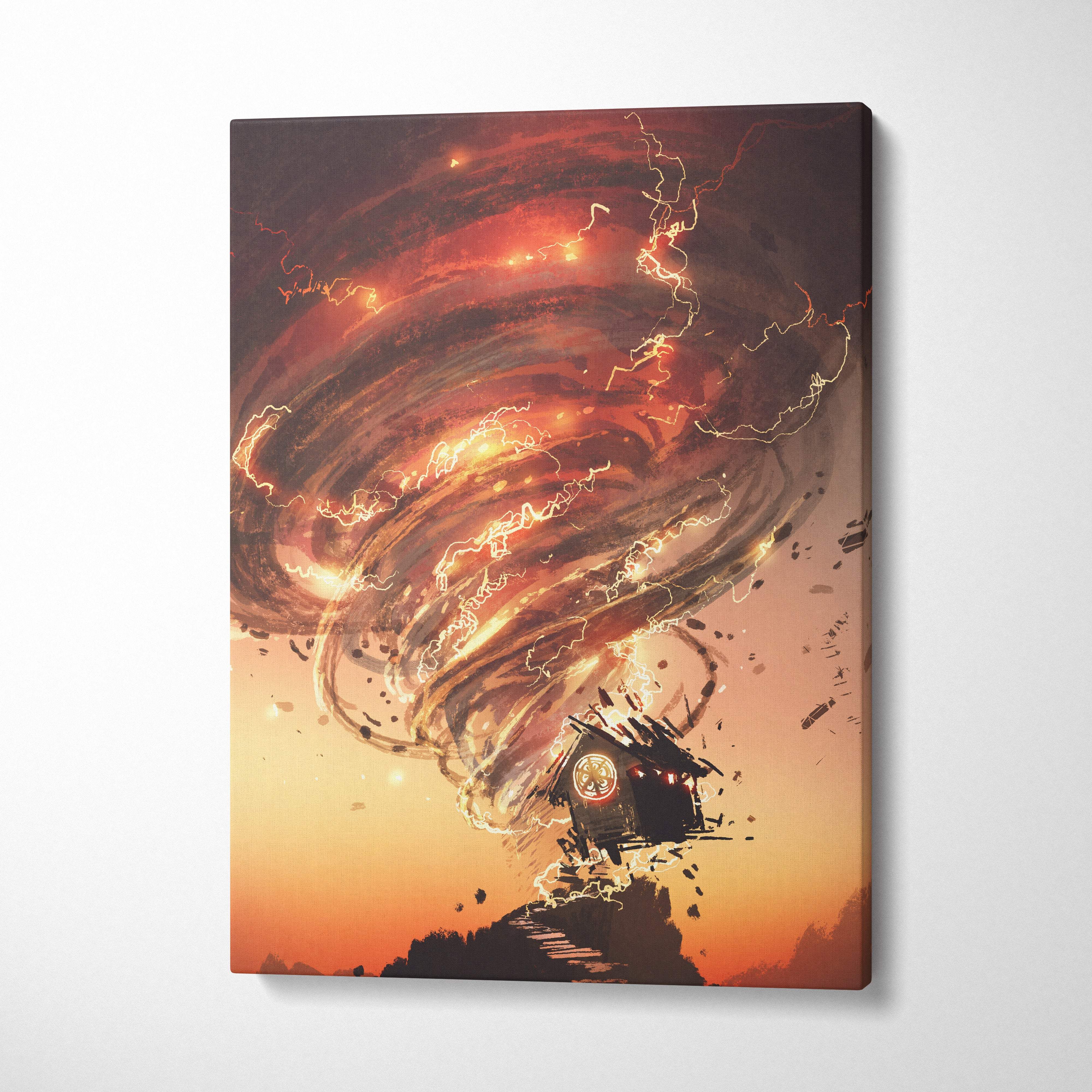 Vibrant fiery tornado canvas print in orange and red with a small house swept away by storm clouds and lightning bolts