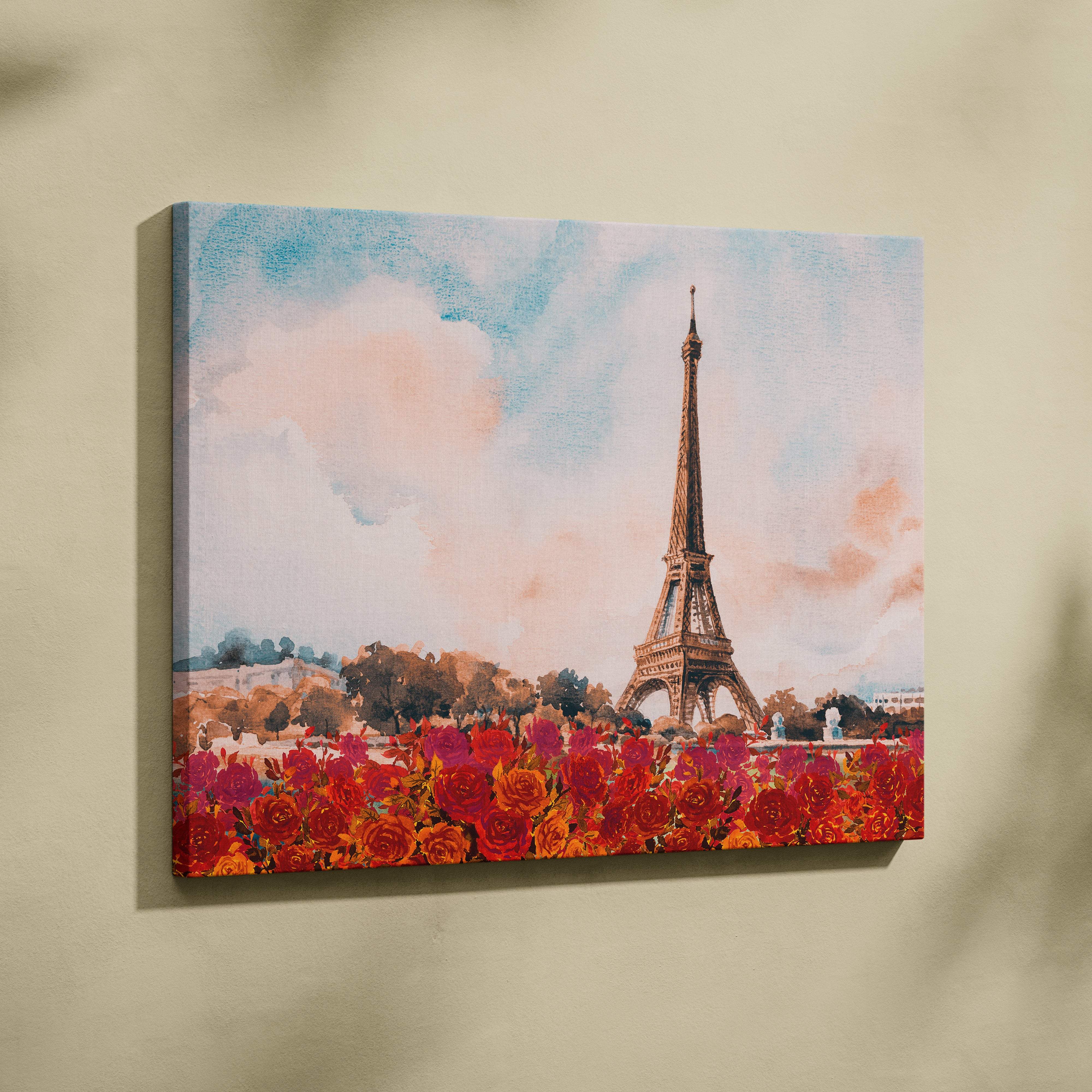 Watercolor canvas wall art print featuring the eiffel tower with vibrant red and orange roses for chic french bedrooms