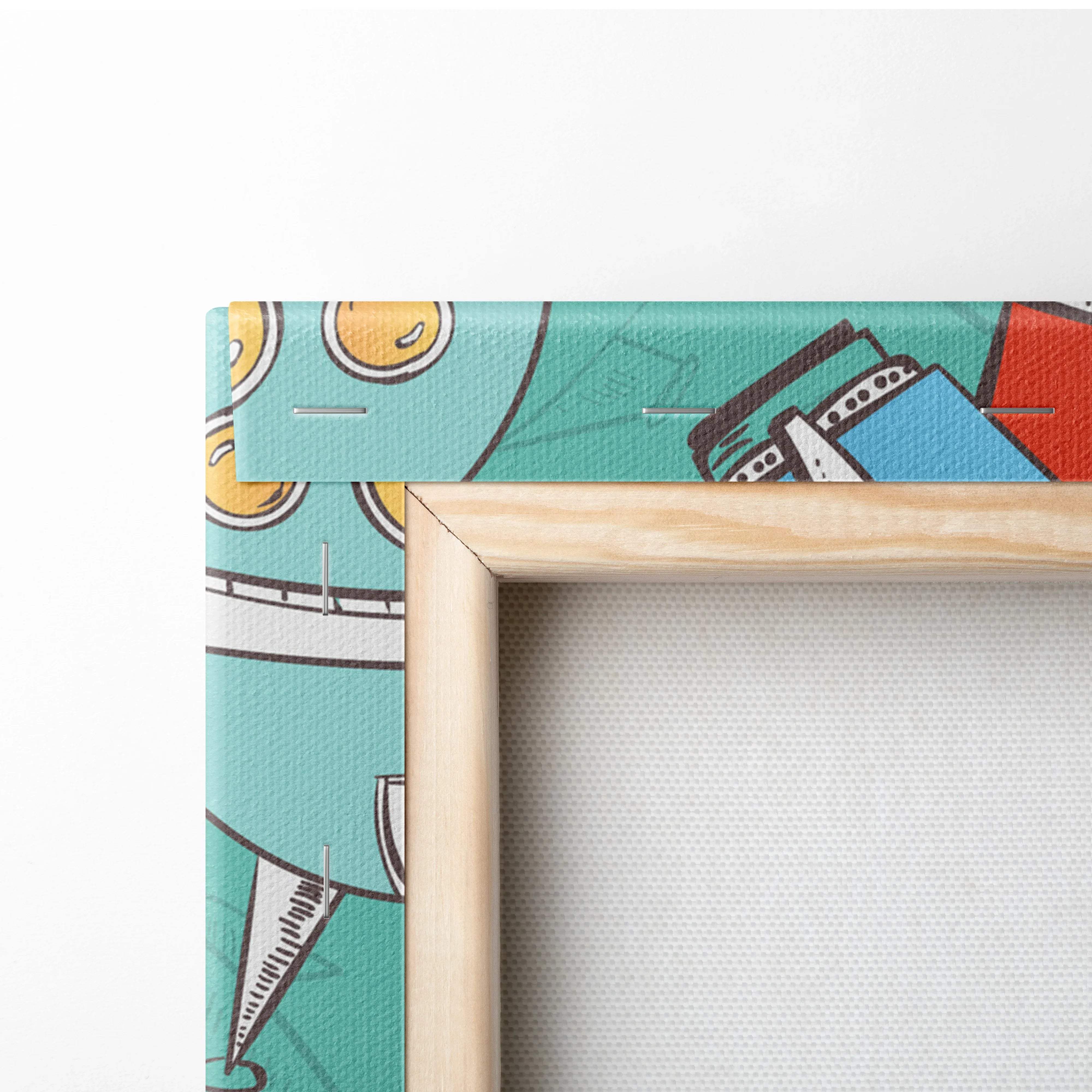 Teal cartoon robot canvas print in light wood frame with retro sci-fi rockets