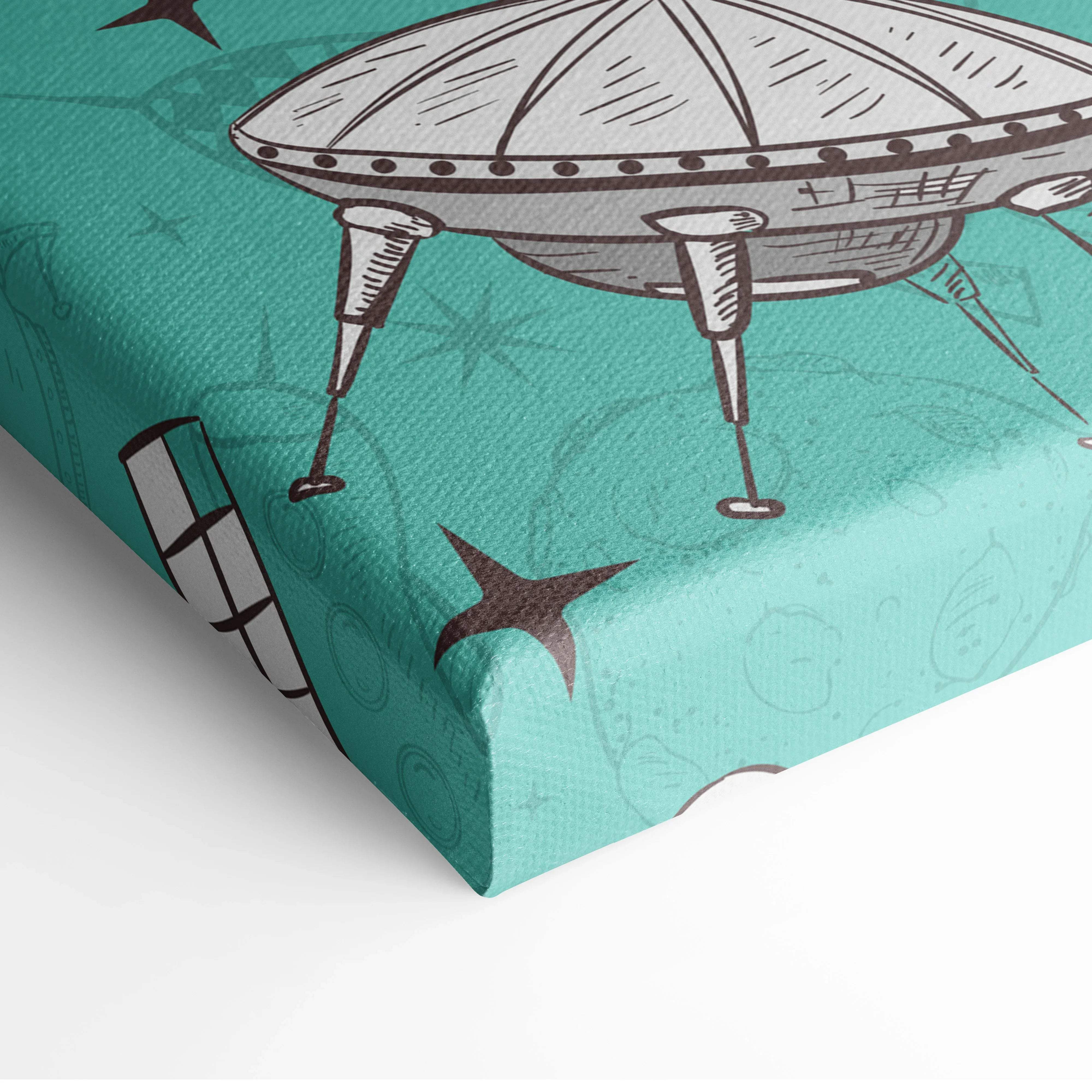 Teal canvas print of vintage silver black UFO with stars retro space pattern