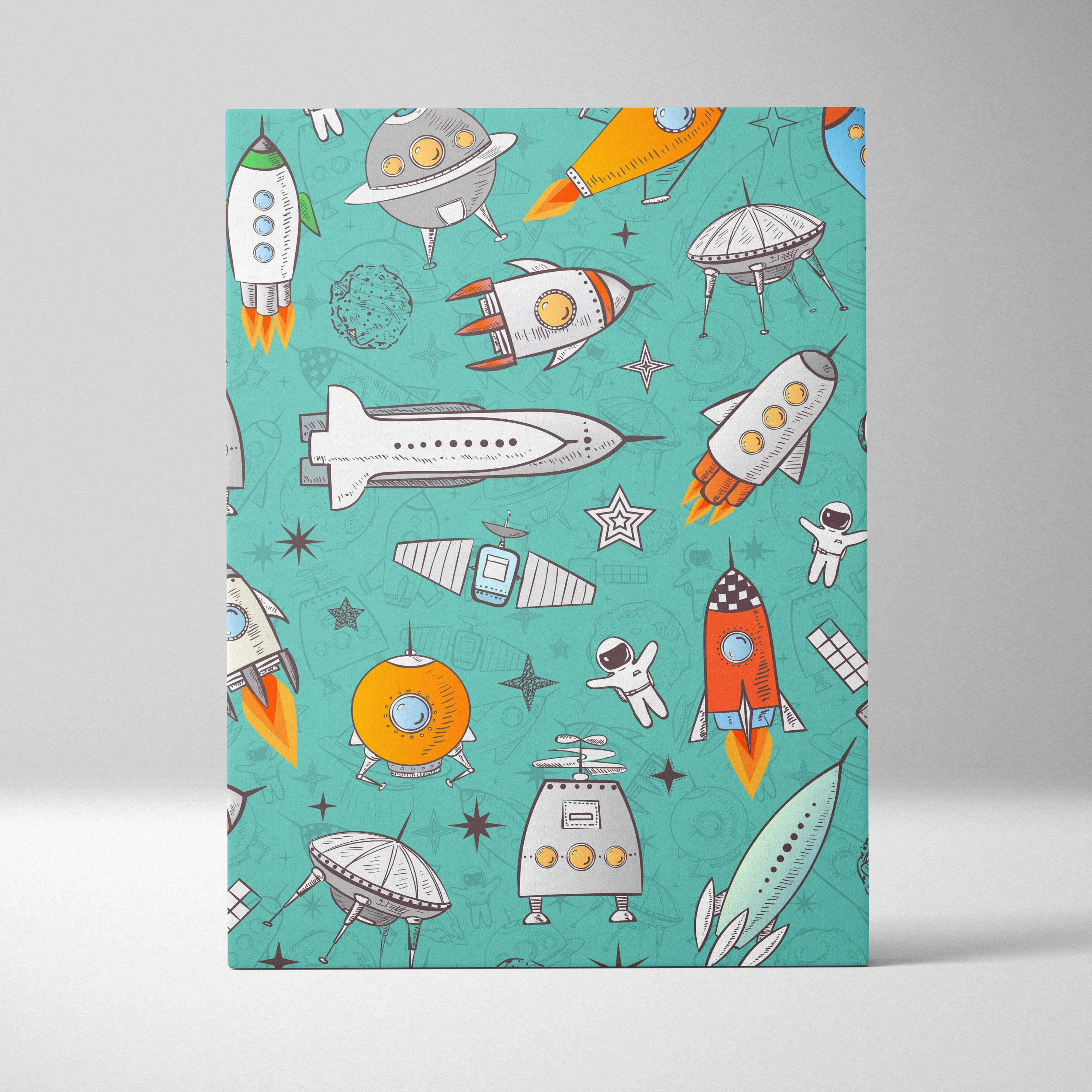 Teal retro space notebook with rockets, astronauts, UFOs canvas art