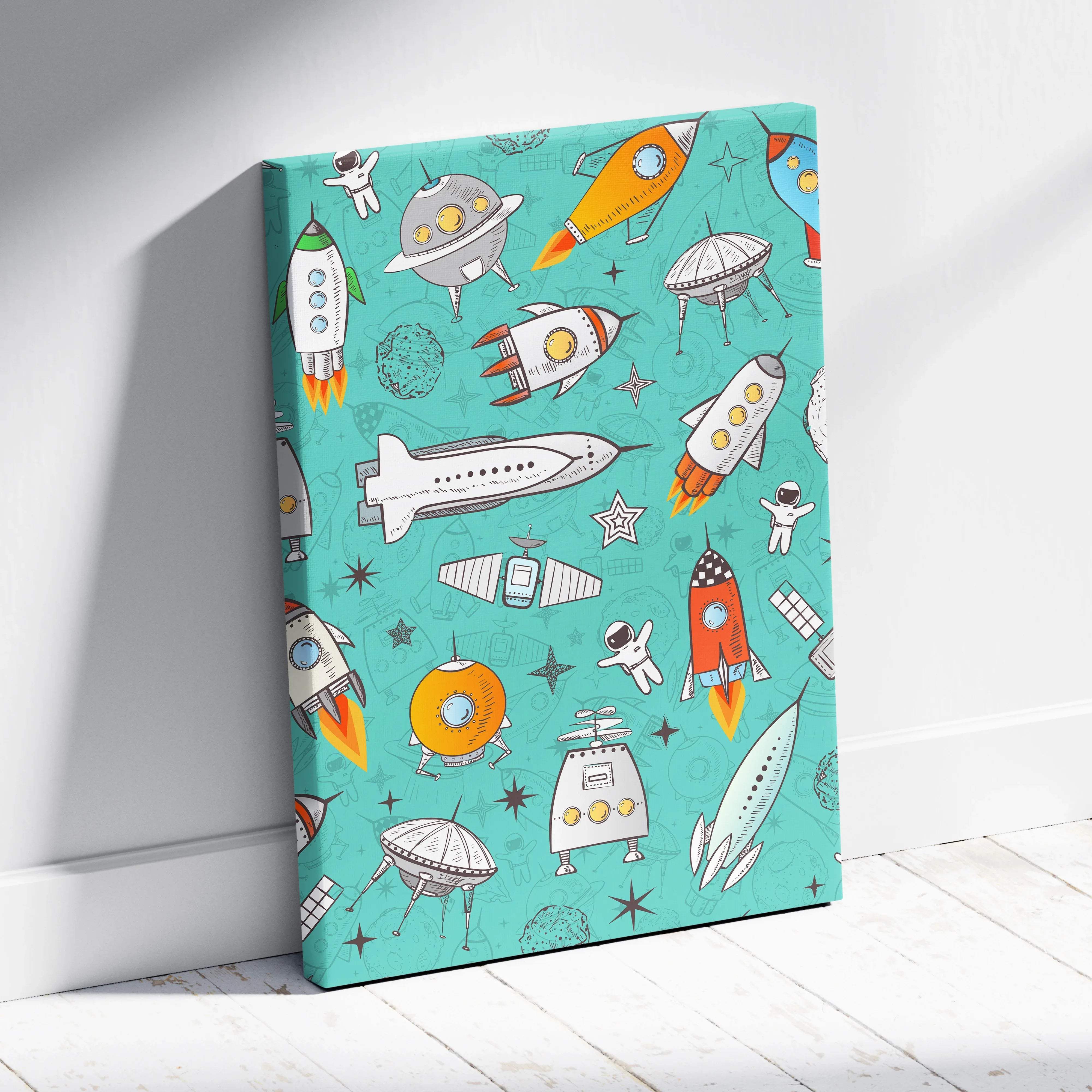 Retro teal canvas print of playful rockets astronauts UFOs pattern