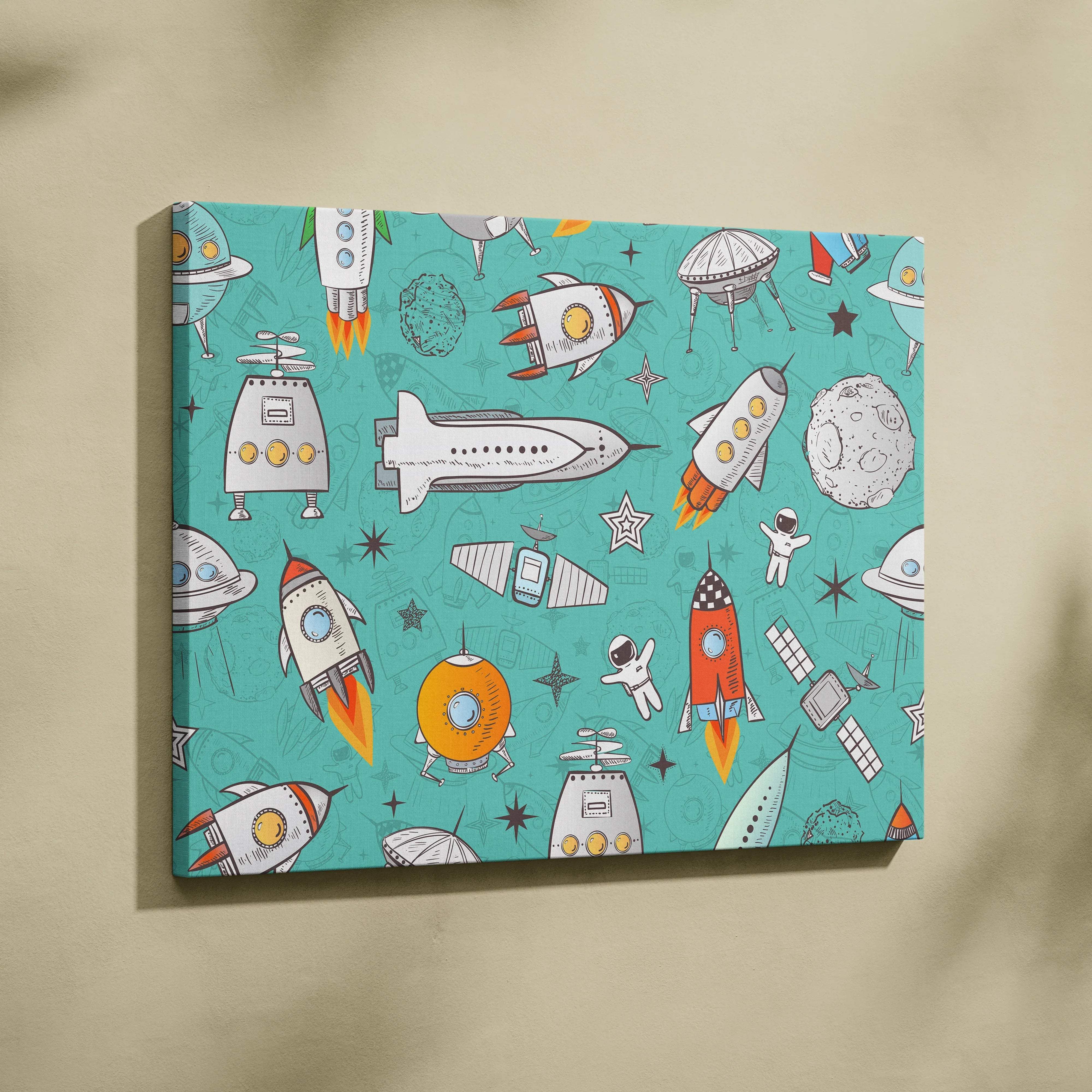 Playful teal orange gray space pattern canvas art with rockets astronauts UFOs