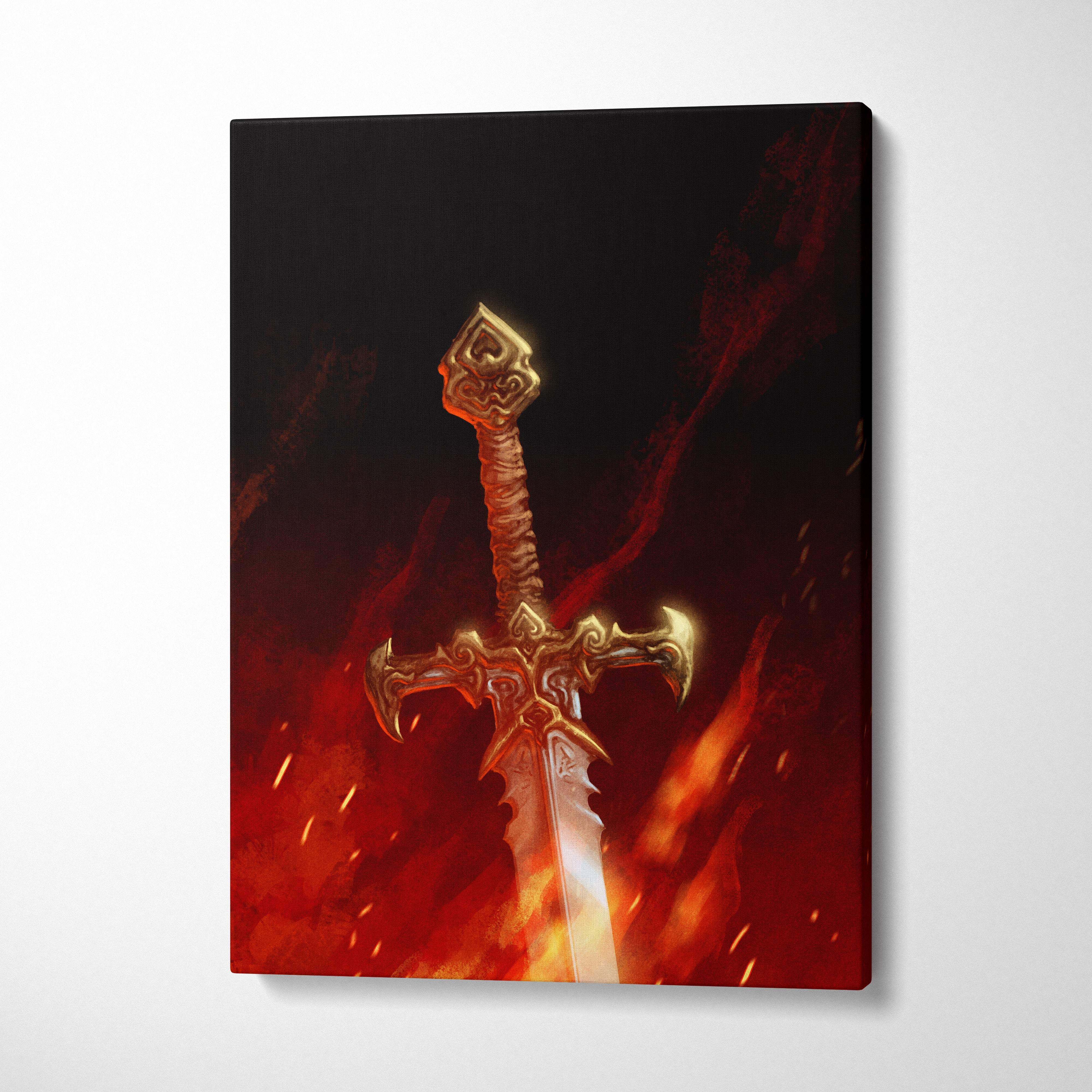 Golden ornate sword canvas wall art with intricate details on fiery red and black background for gothic gaming decor