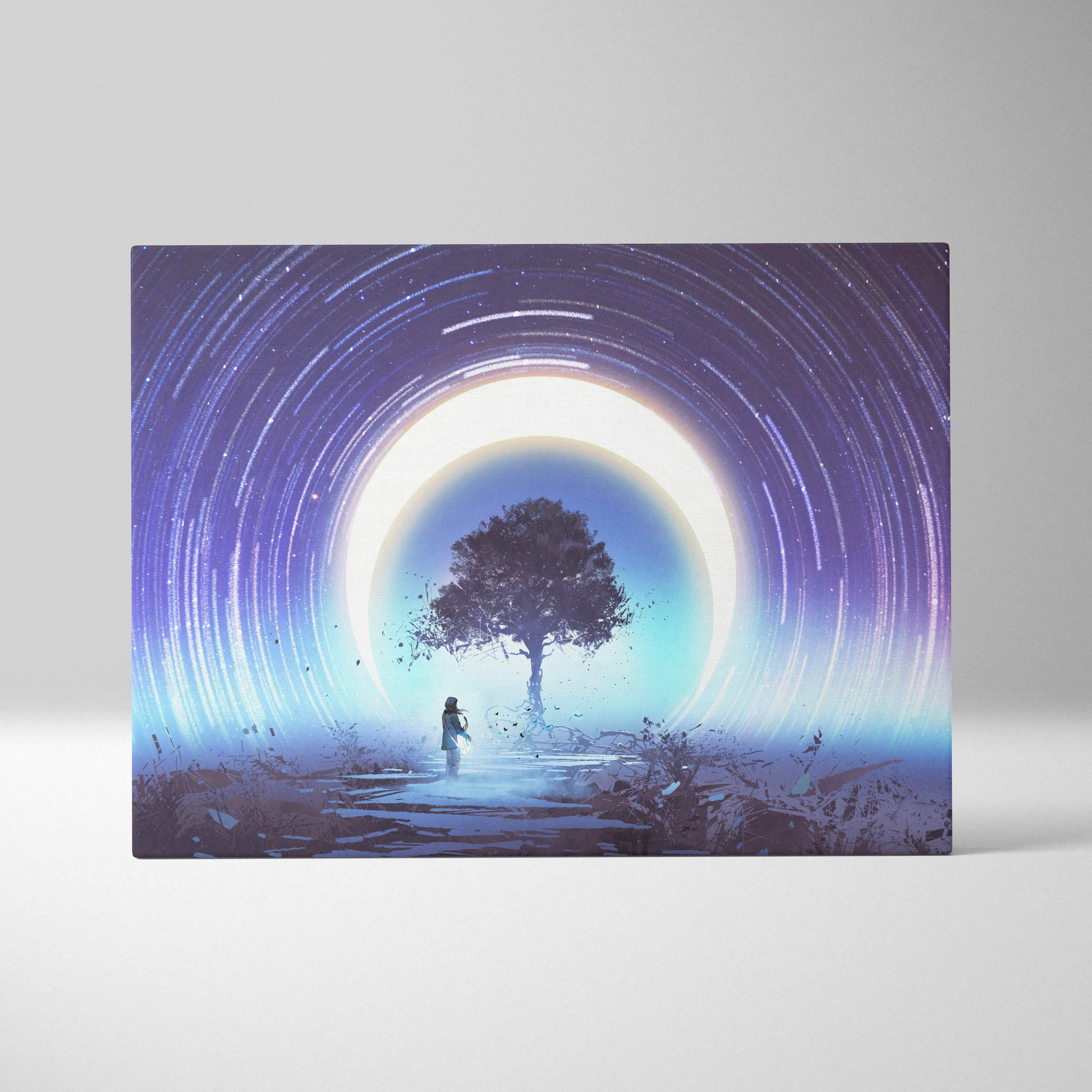 Rectangular canvas print of a surreal cosmic portal tree with glowing eclipse ring and purple blue star trail night sky
