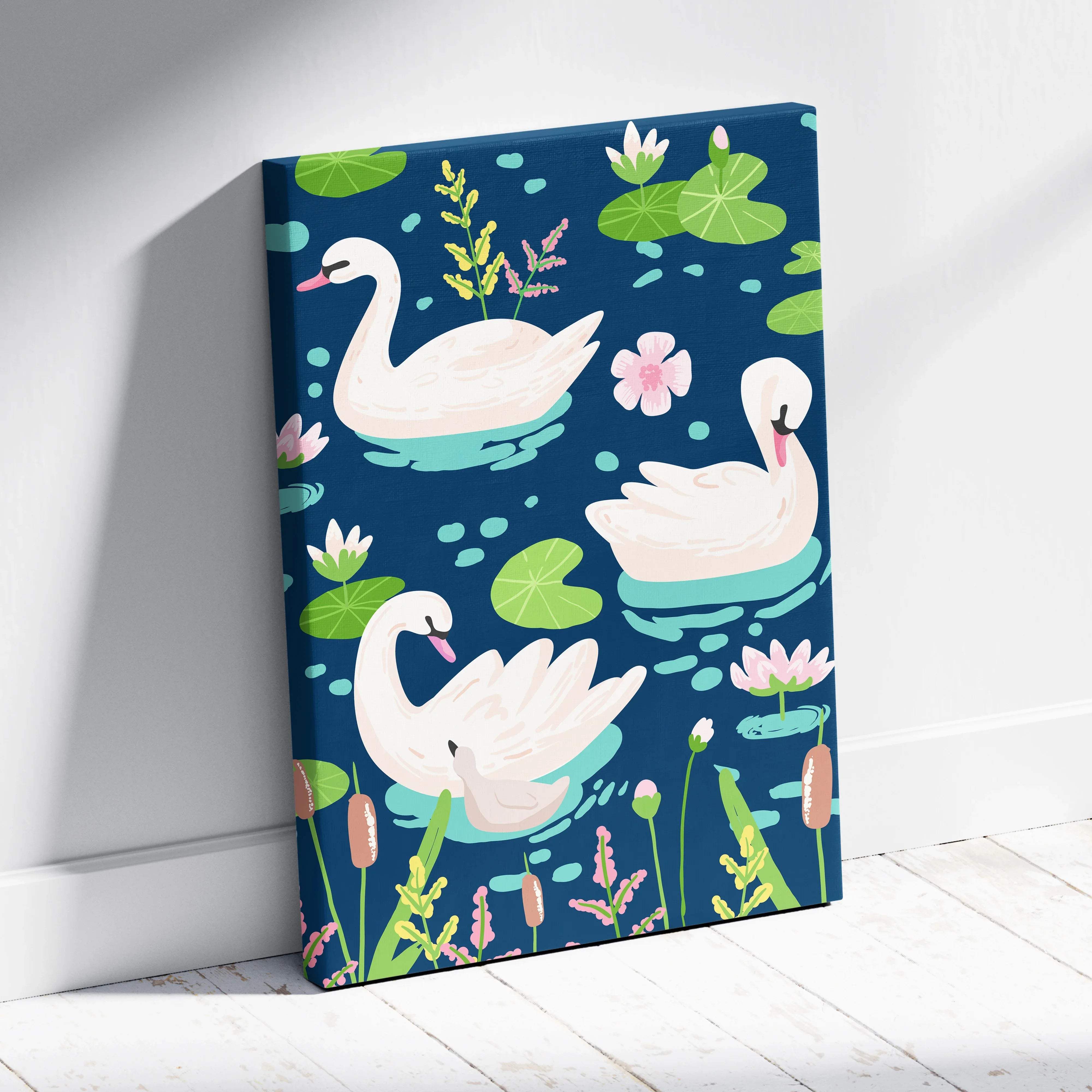 Pastel swan pattern over navy blue pond with lily pads canvas wall art