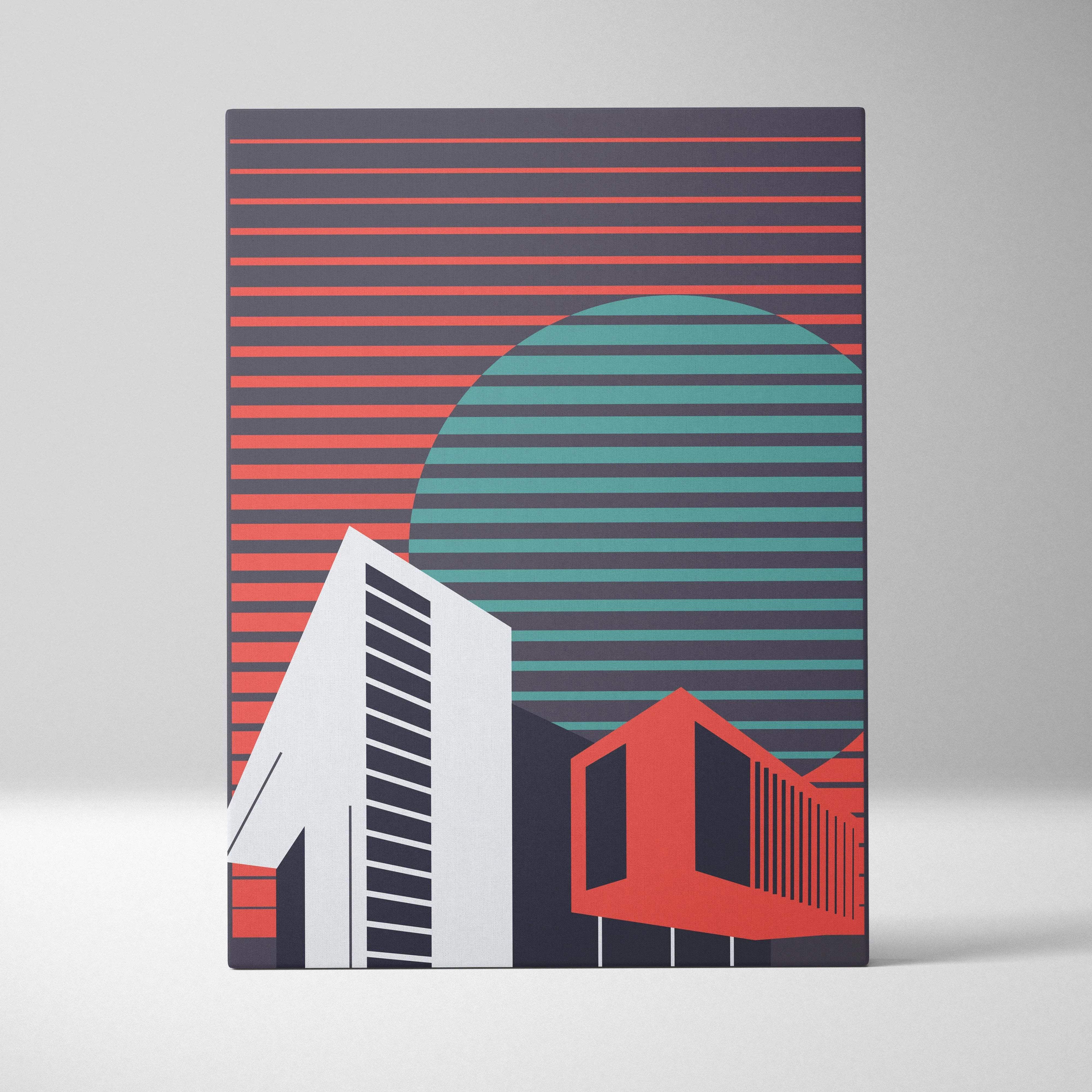 Modern geometric cityscape canvas art with teal sunset, coral stripes, dark gray buildings