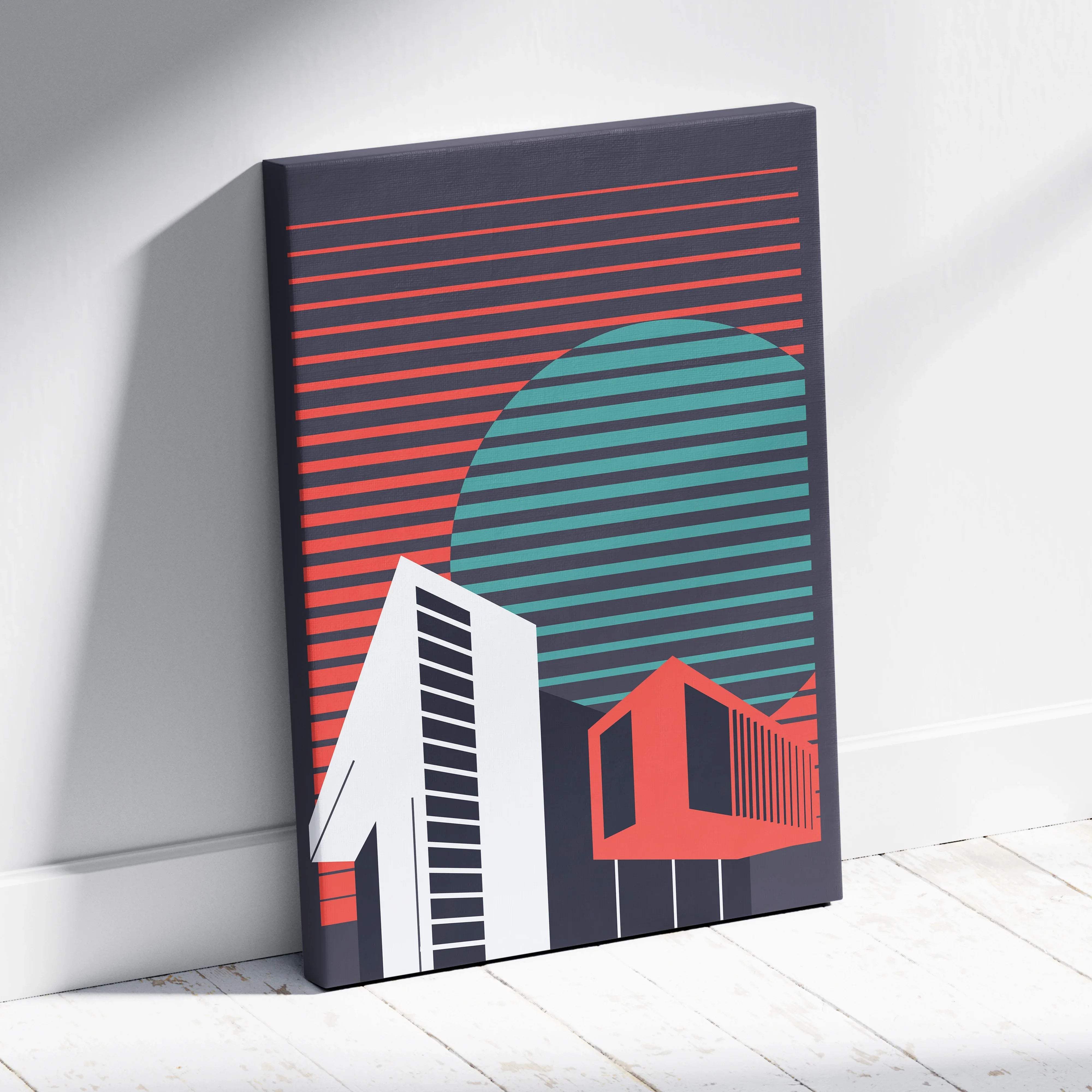 Geometric cityscape canvas art with teal sunset circle, coral stripes, dark gray buildings