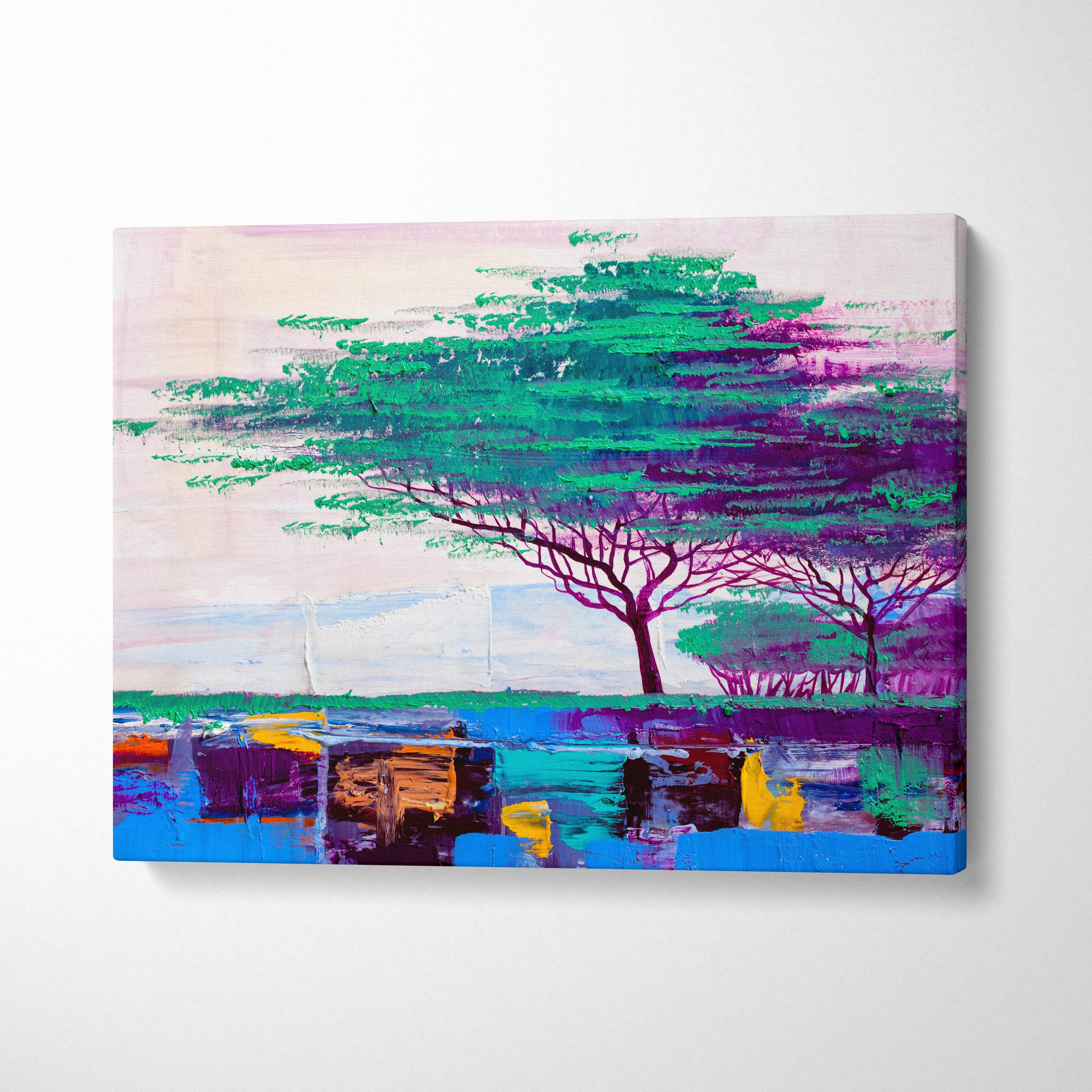 Abstract tree landscape painting style wall art with vibrant green and purple foliage over pink sky and colorful water canvas print