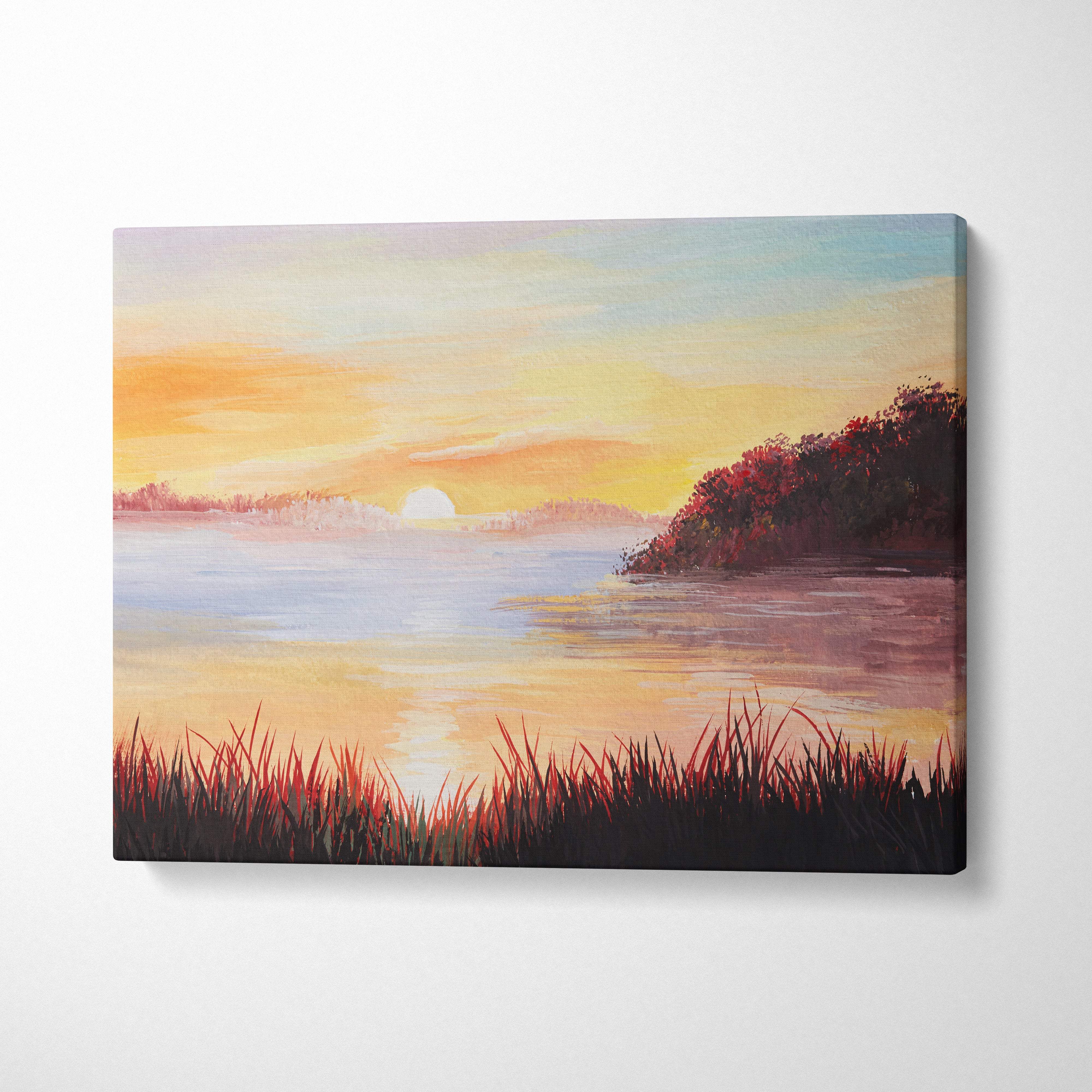 Golden sunset lake painting style wall art canvas print featuring a serene waterscape with warm orange sky and reeds