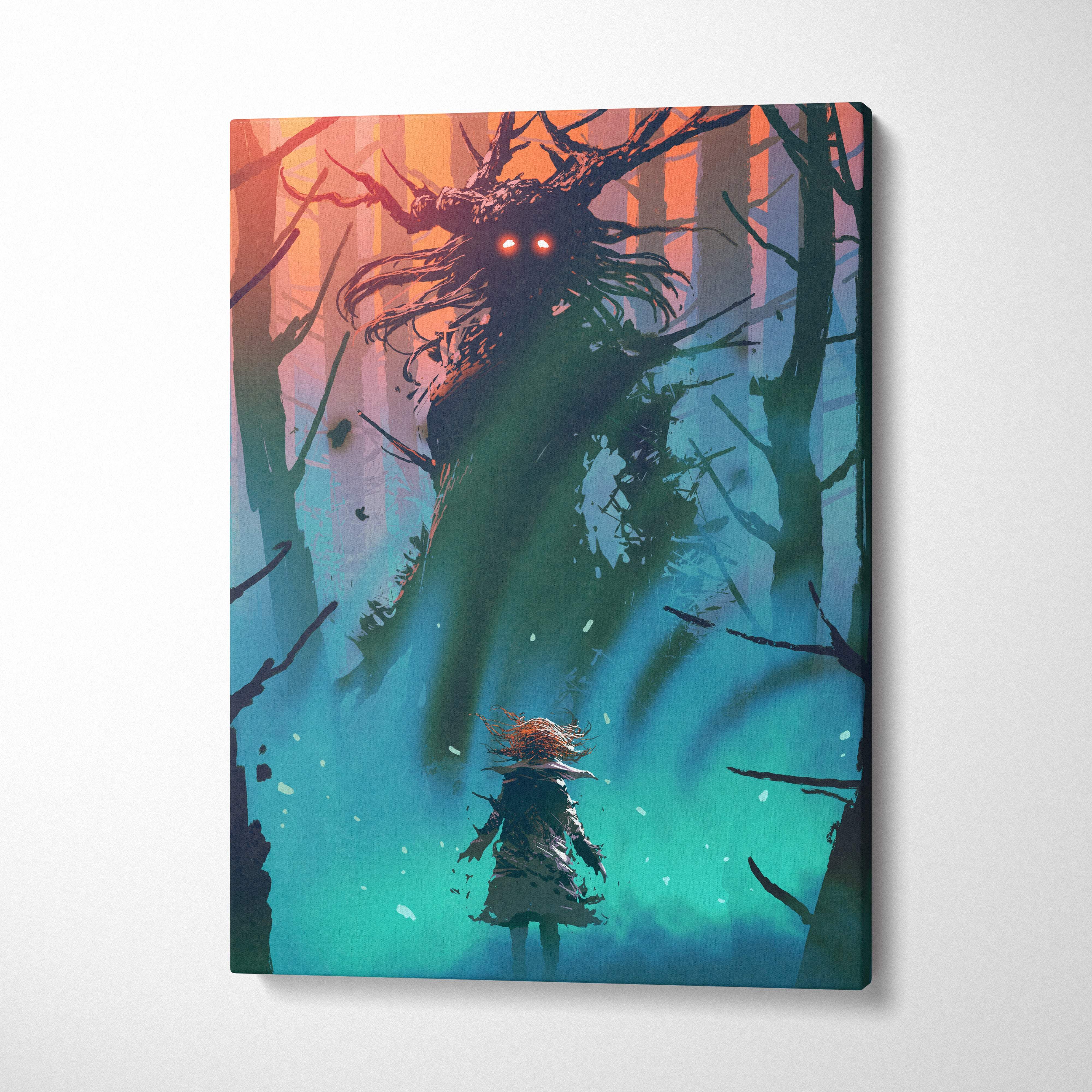 Haunted forest encounter canvas art featuring a dark fantasy creature with glowing red eyes in teal and orange hues