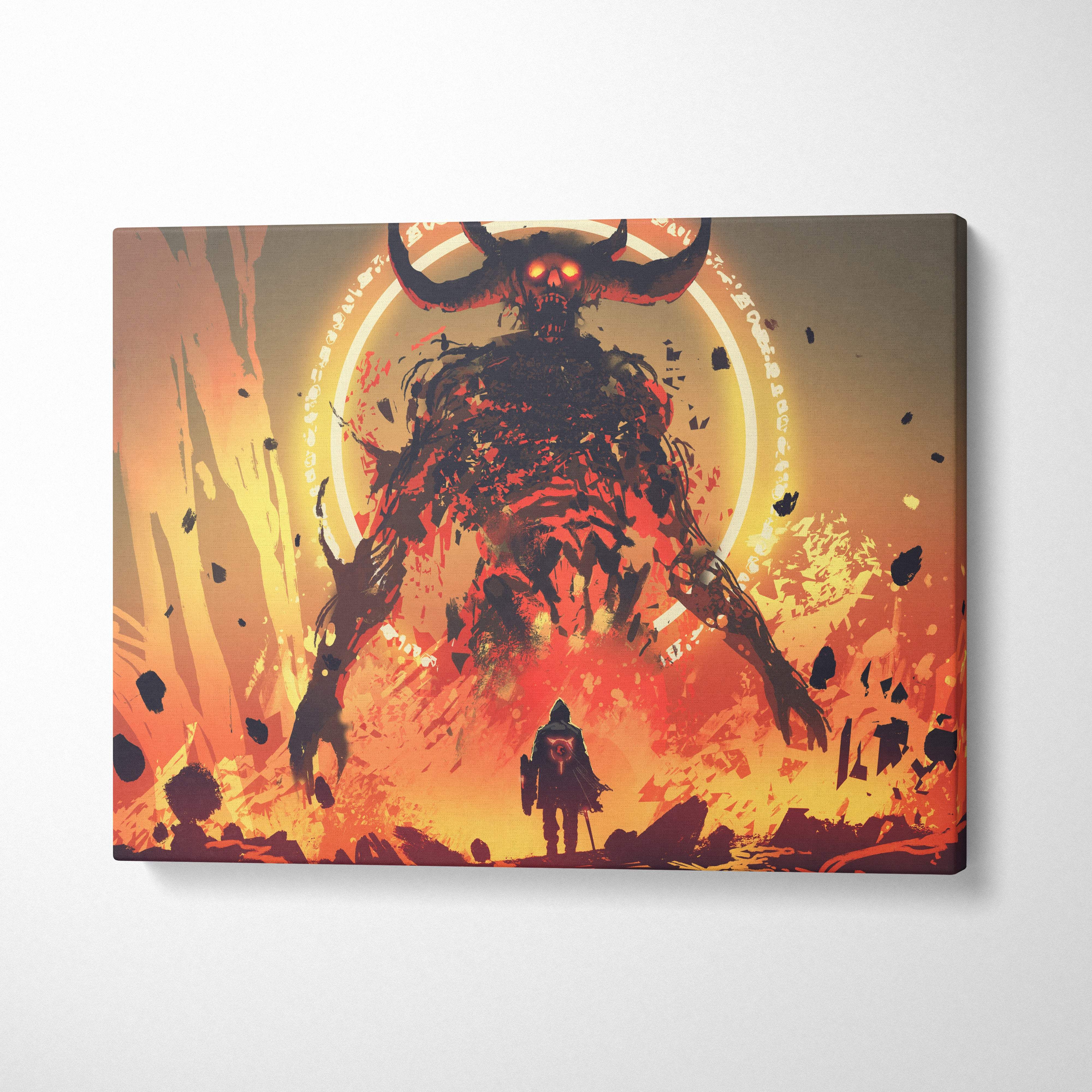 Epic demon lord canvas wall art showing a fiery red demon with glowing orange eyes and a warrior silhouette in hellscape