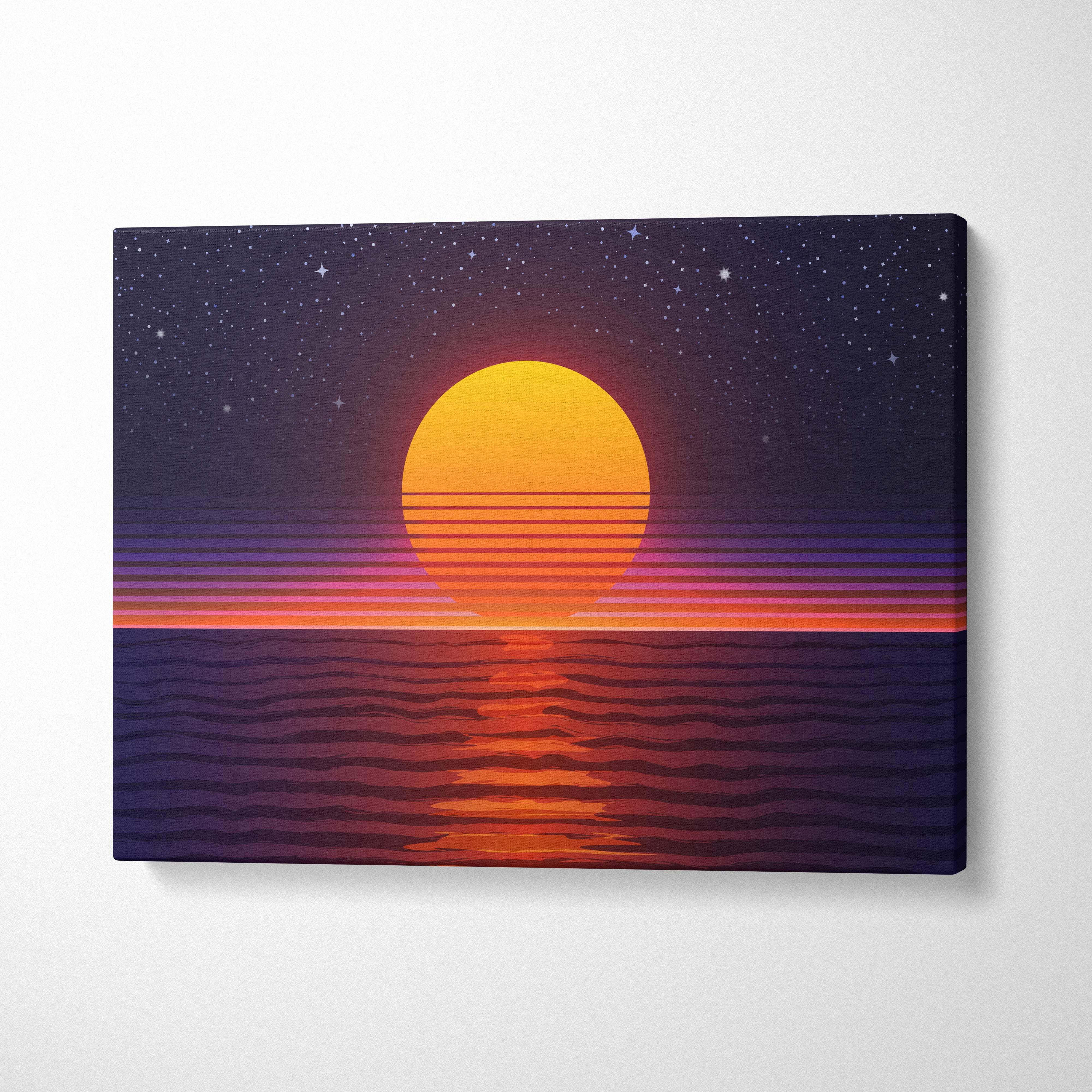 Retrowave ocean sunset canvas art print with glowing orange sun over purple and red stylized ocean waves and starry sky