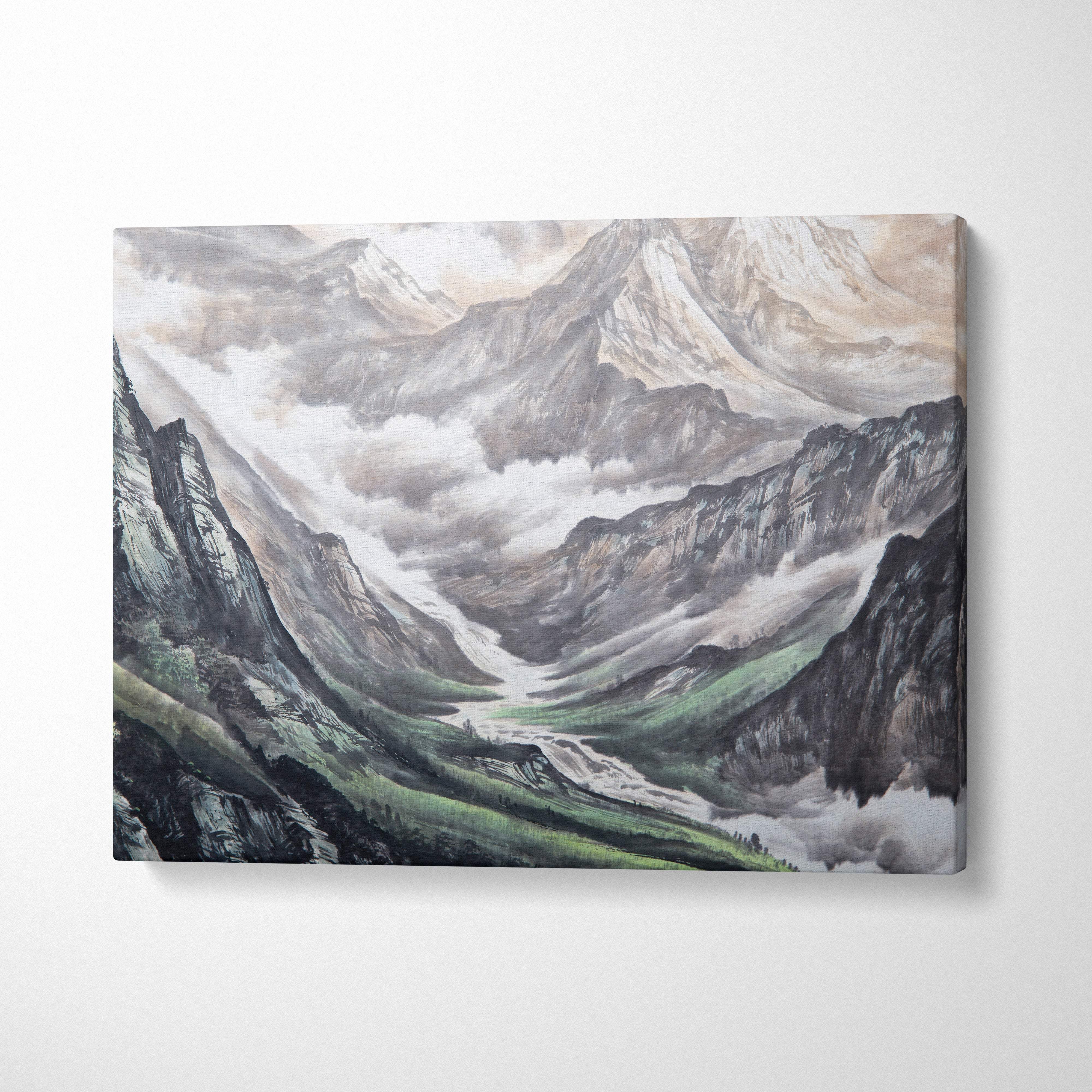 A framed mountain valley canvas wall art in gray green Asian watercolor style with misty snow-capped peaks and rivers