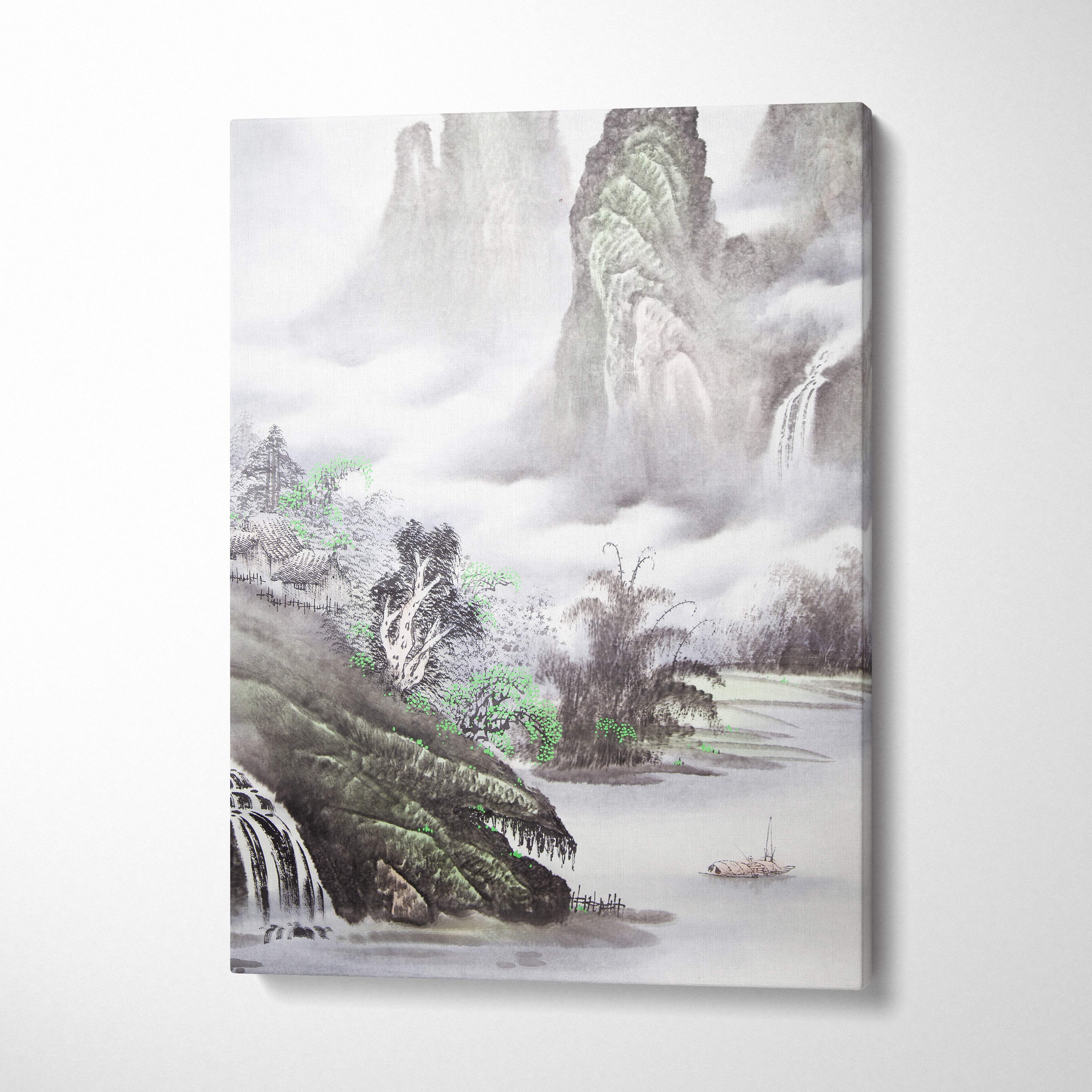 Misty green mountain lake canvas wall art with serene ink wash mountains waterfalls and river for living room decor