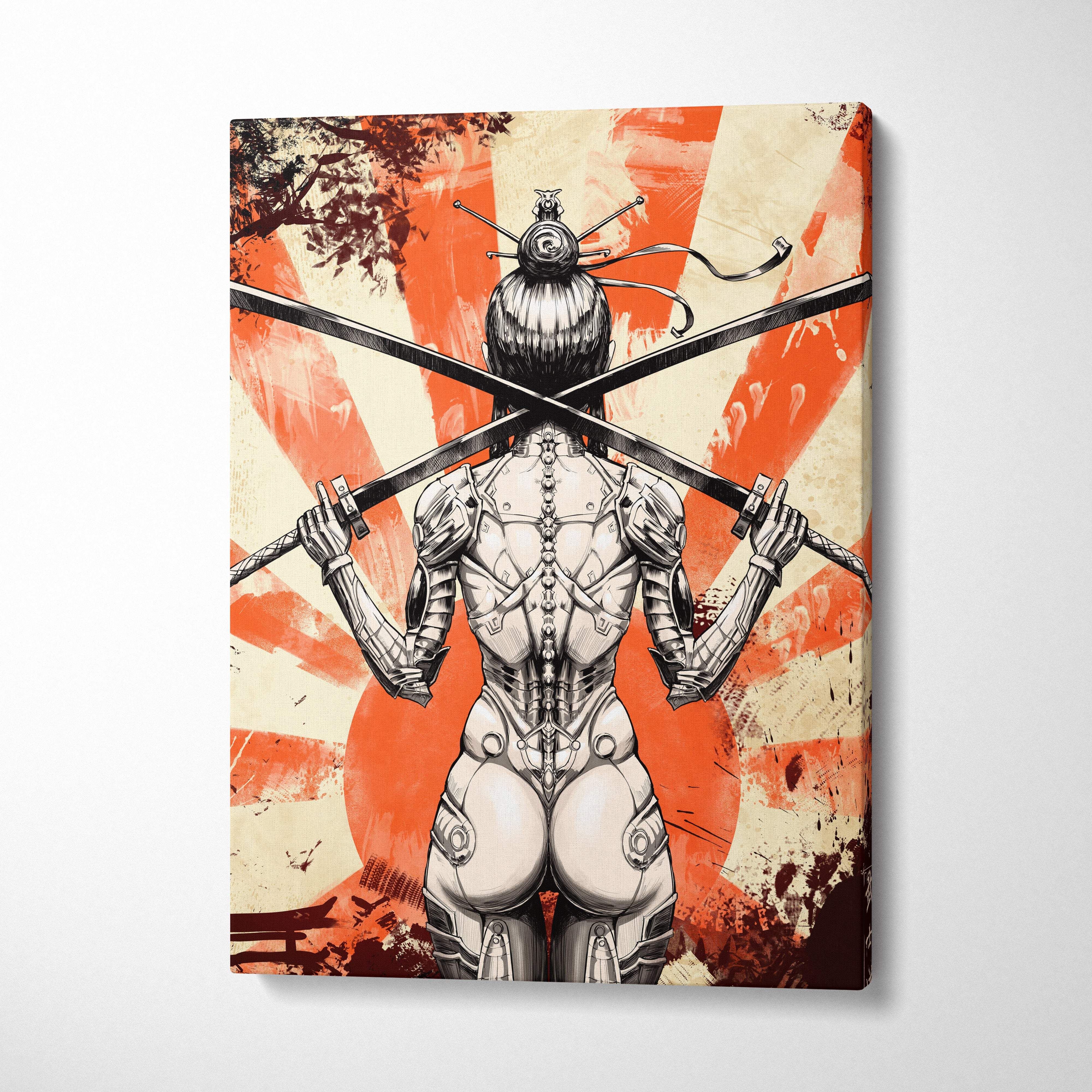 Canvas print of a stylized armored female mecha samurai with crossed katanas against an orange red rising sun background