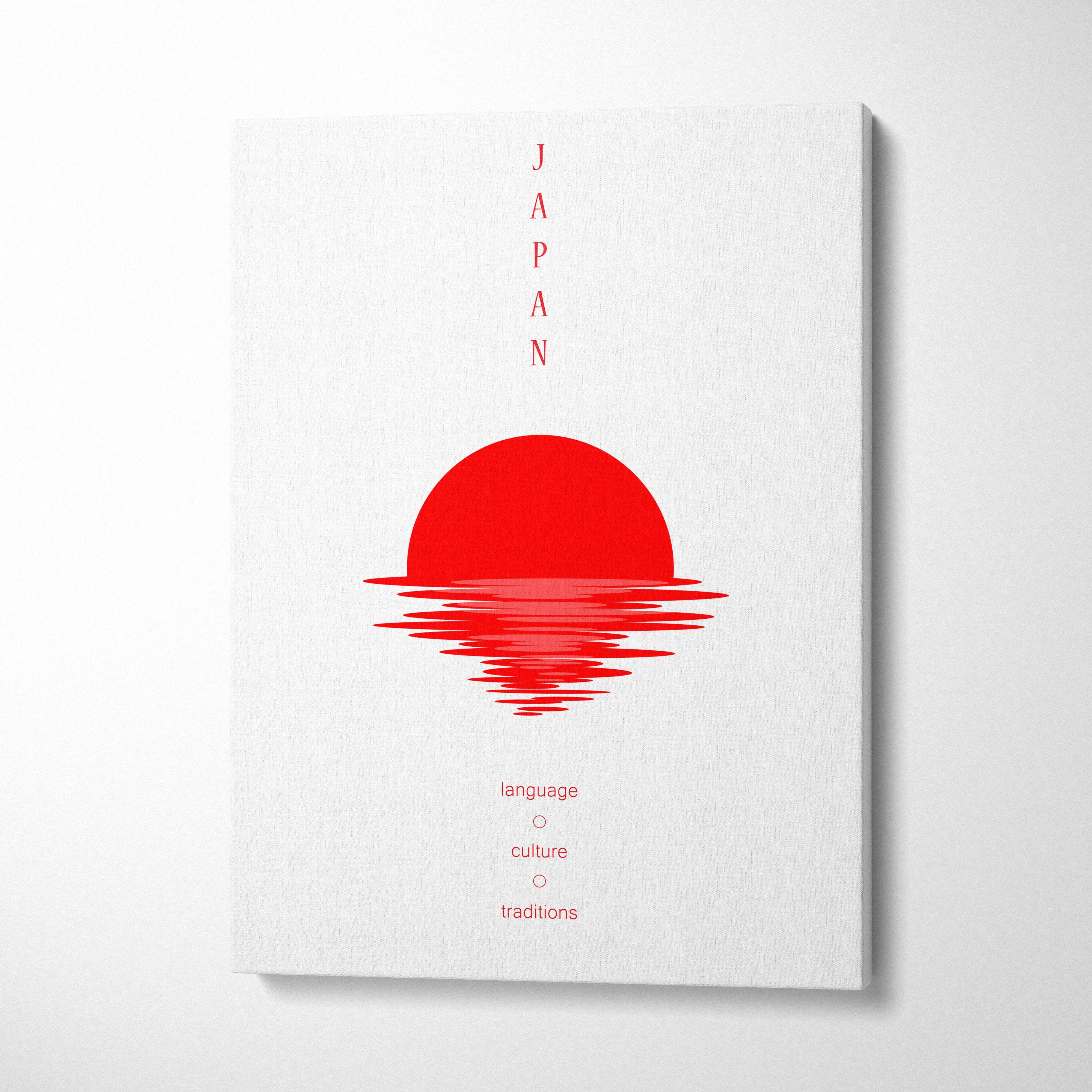 Red japan sunset canvas wall art with minimalist red sun and water ripples in japanese poster style for zen decor