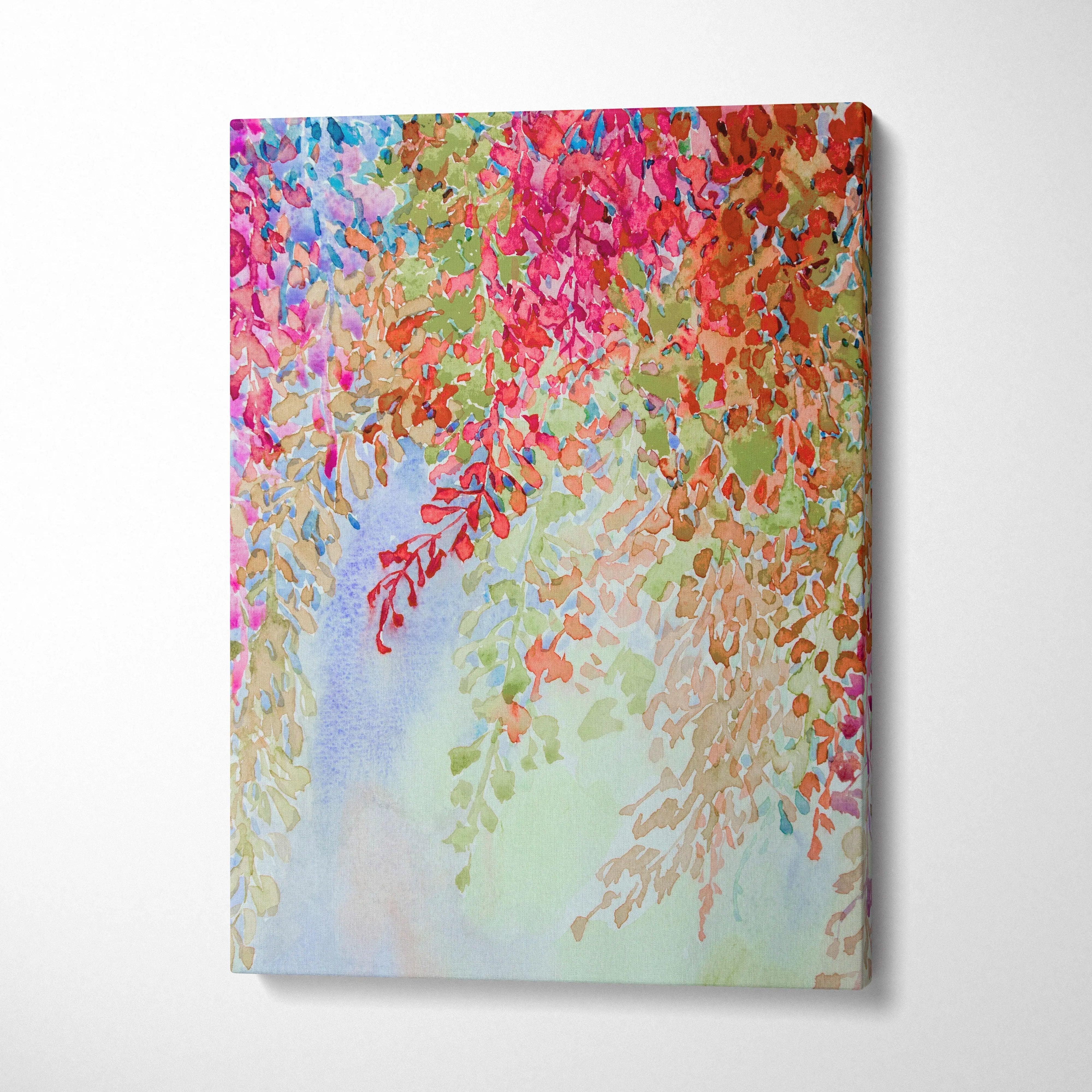 Vibrant watercolor floral canvas wall art with cascading blossoms in pink, red, green, gold hues