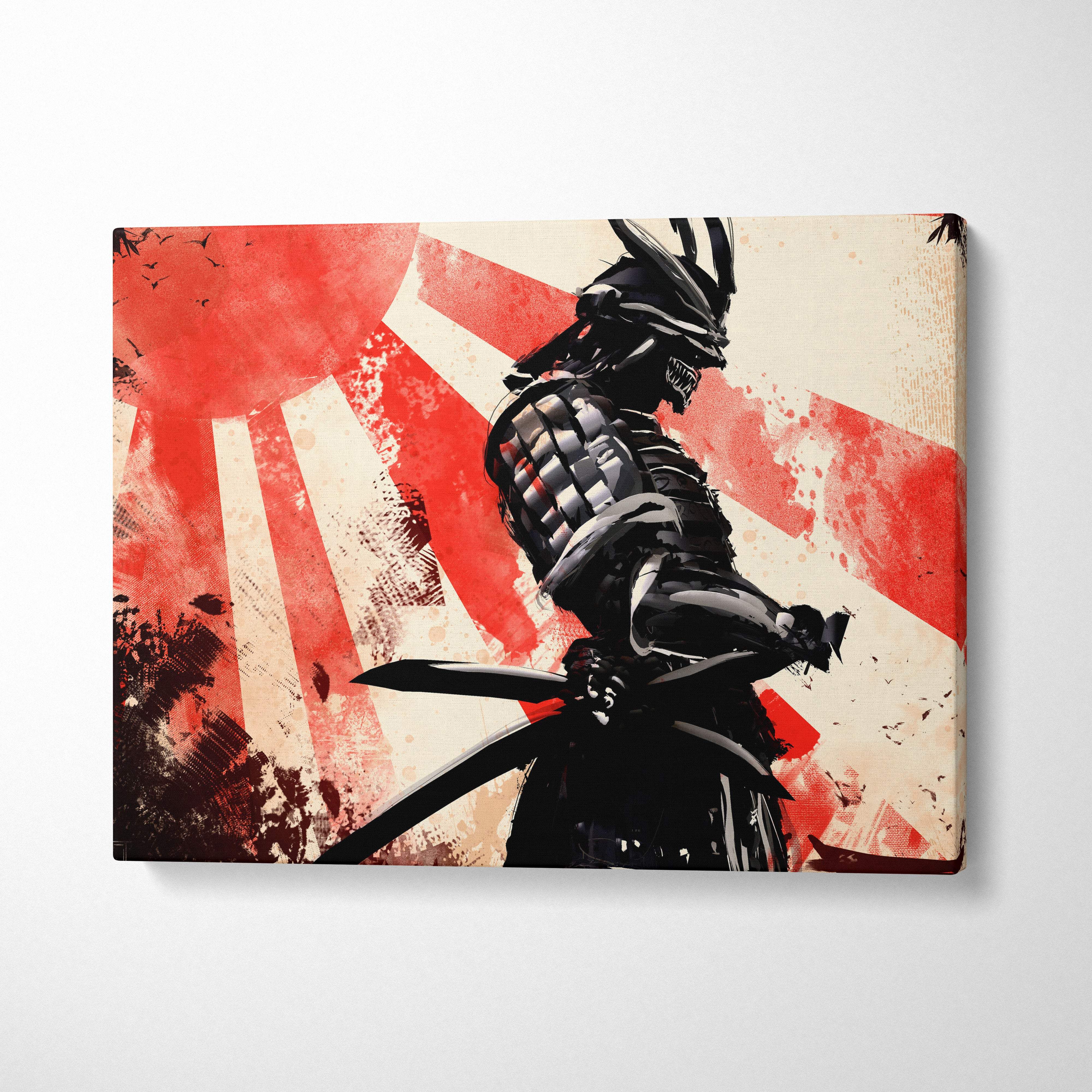 Samurai warrior canvas wall art featuring a black armored ronin with katana on a red and cream ink splash background