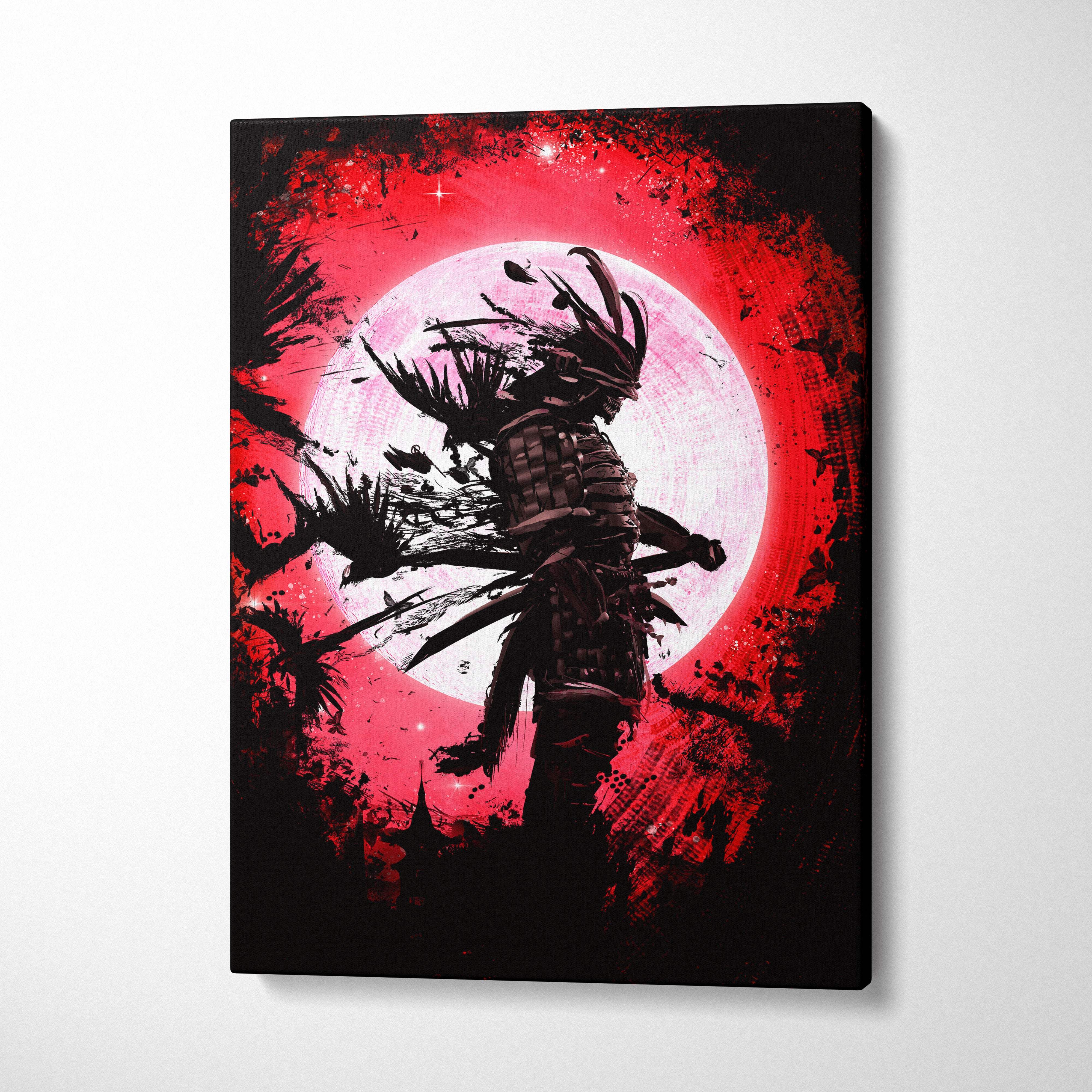 Black silhouette of a samurai in detailed armor stands before a vibrant red textured background blood moon ronin canvas art