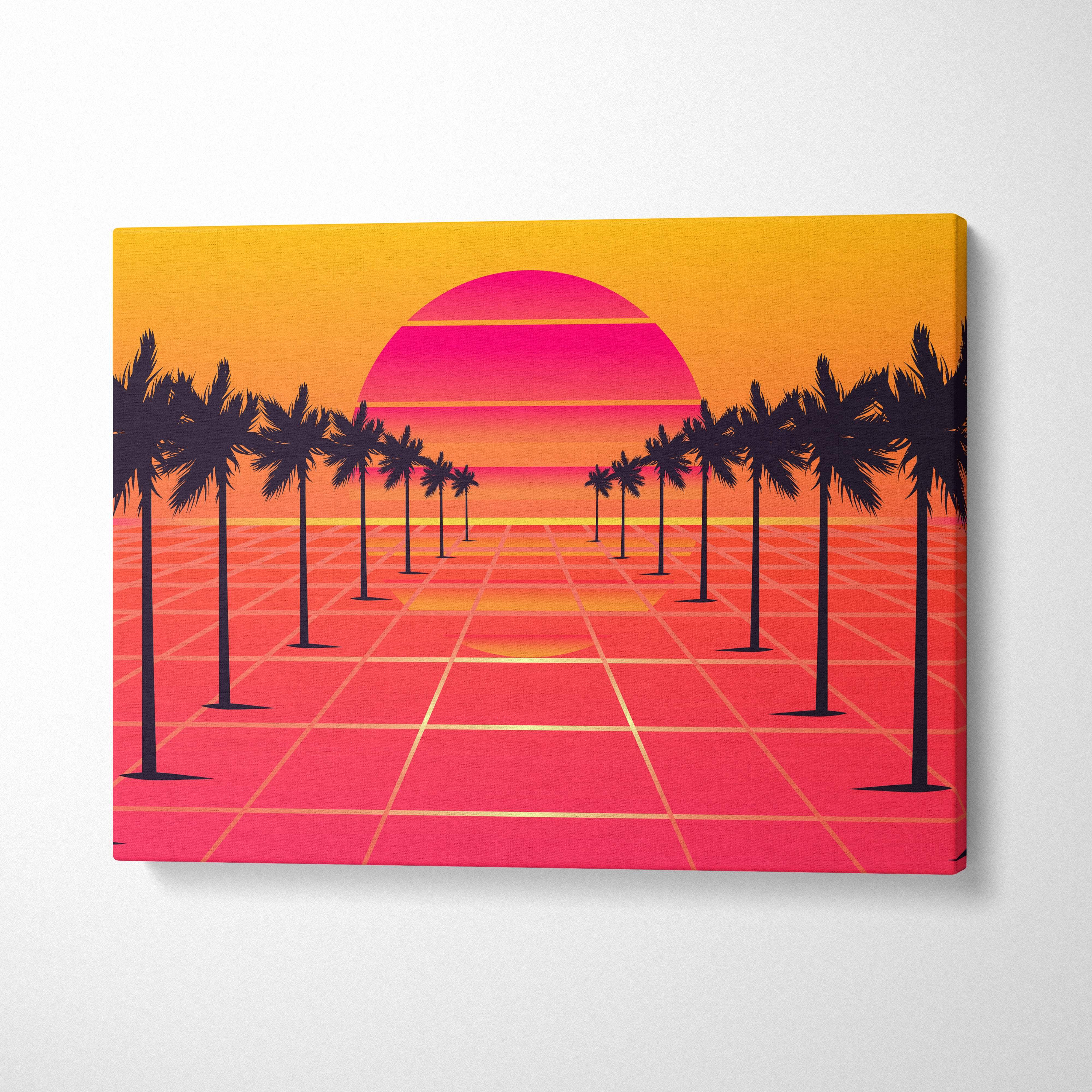Vibrant retrowave palm tree grid canvas art print featuring a glowing pink and orange sunset over a neon 80s landscape