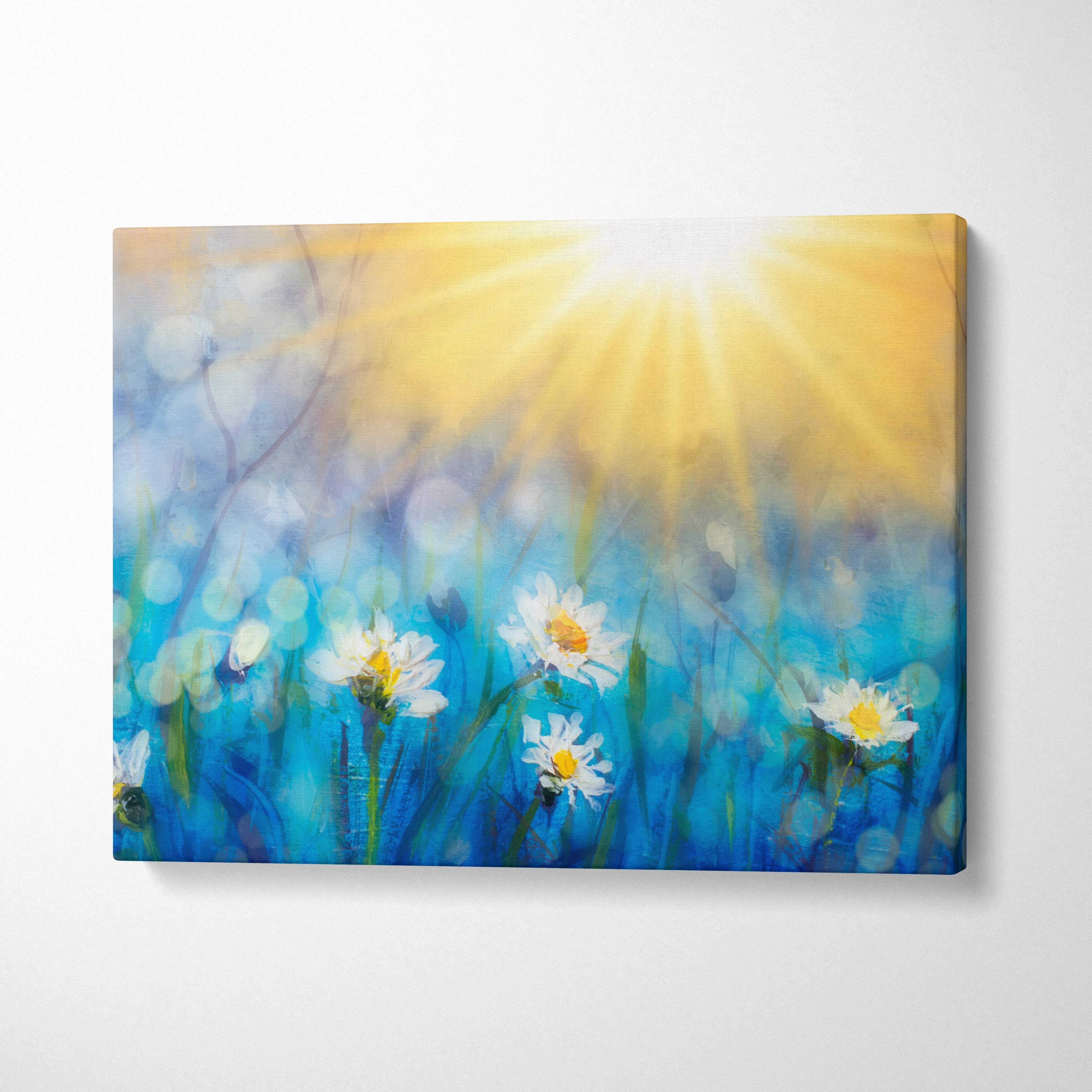 Sunlit daisy meadow canvas painting features blue and white flowers with a radiant yellow sunburst background