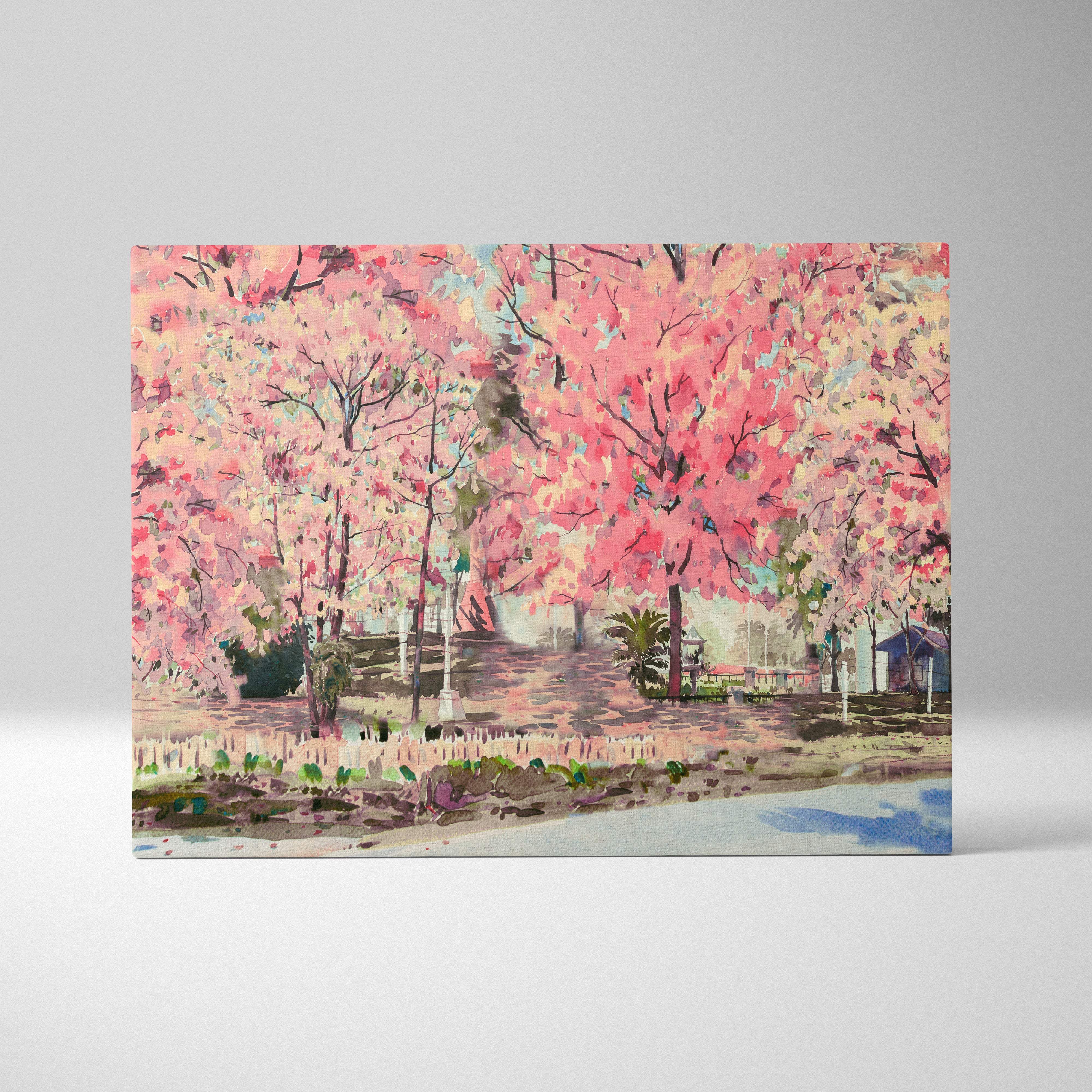 Rectangular canvas print of pink cherry blossom trees in full bloom with soft watercolor brushstrokes and green foliage