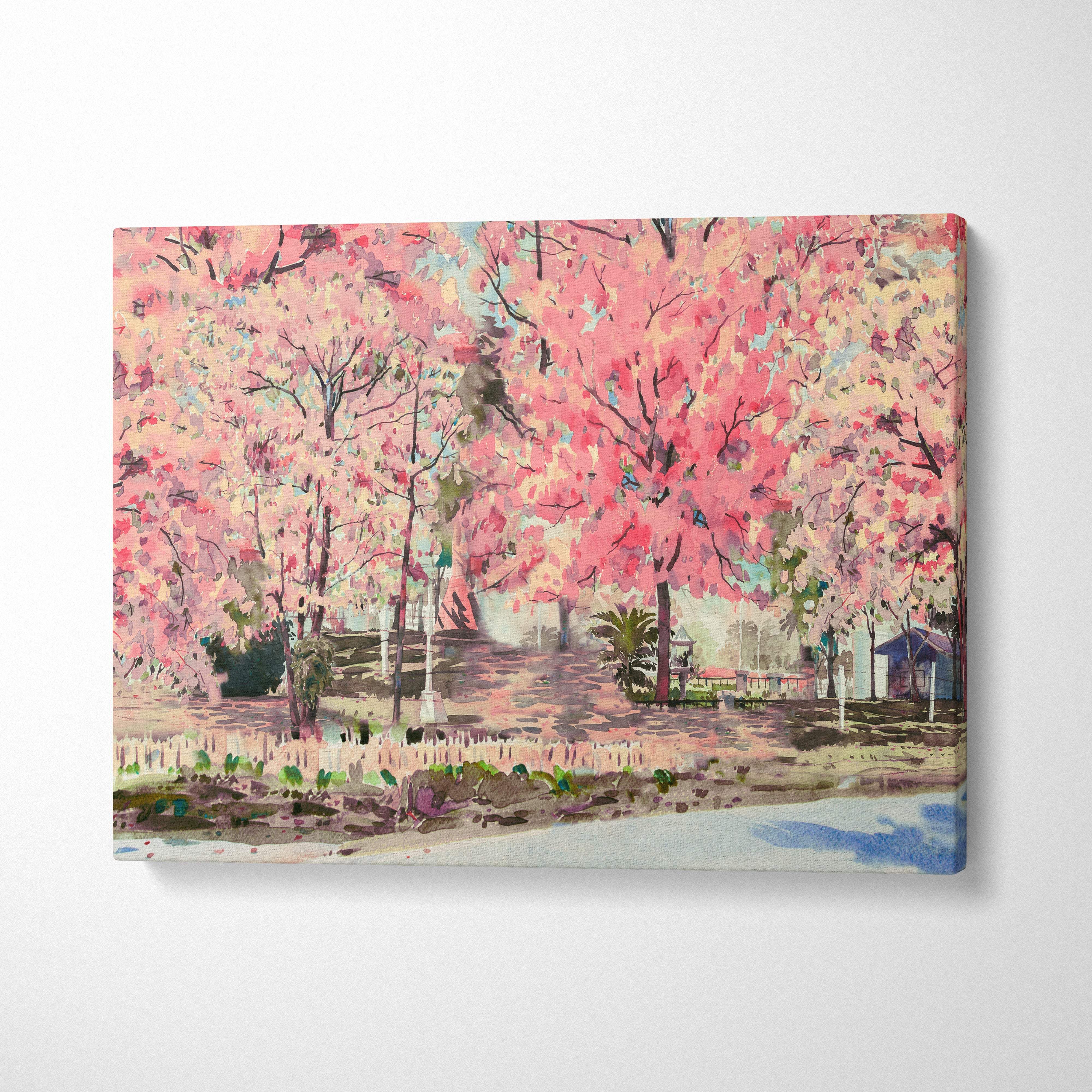 Pink cherry blossom park canvas wall art showing a serene pink blossom landscape with soft brushstrokes and greenery