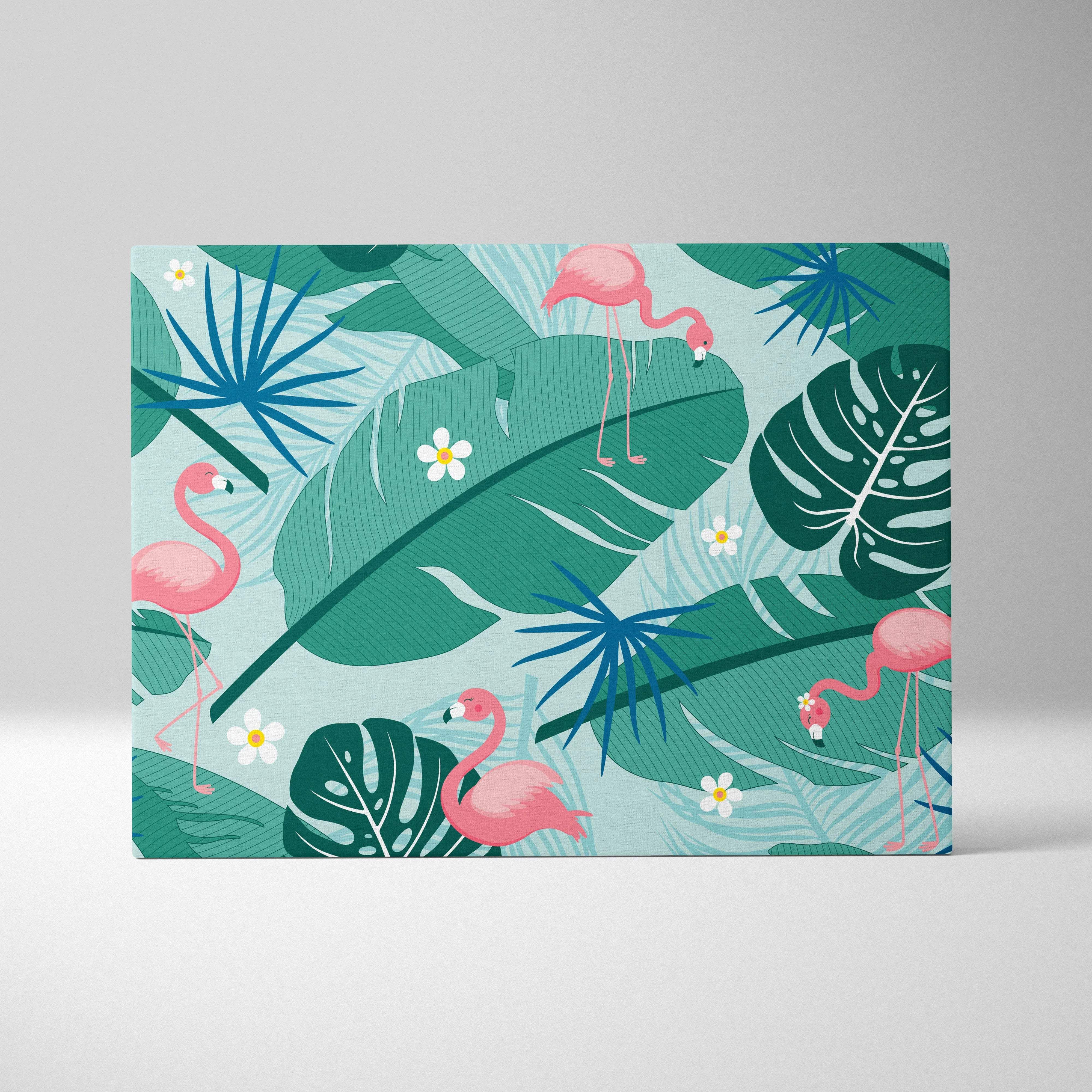 Tropical flamingo pattern wall art with pink flamingos, teal palm leaves, green foliage, white flowers, modern flat illustration